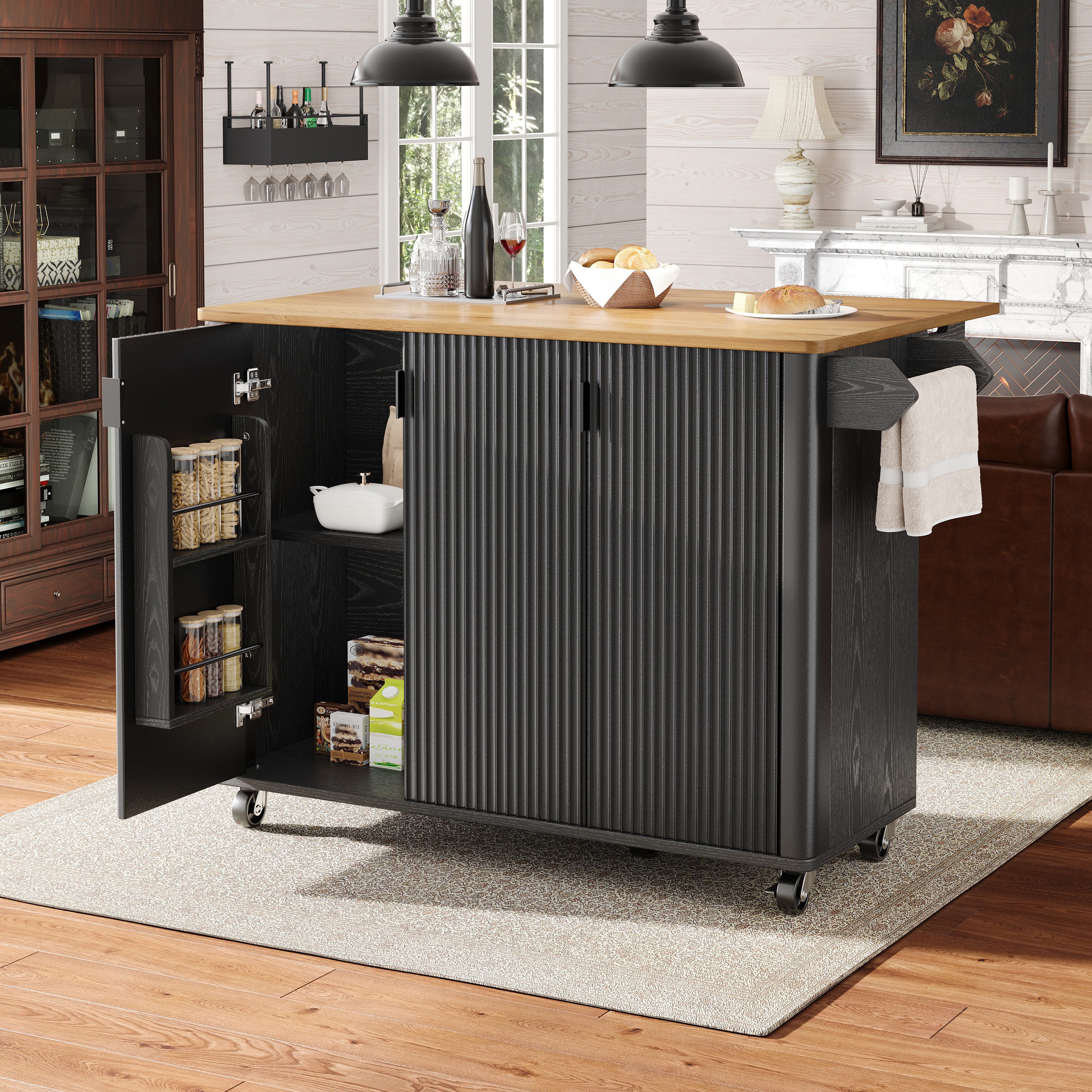 Celya Кухниinsel Кухниinsel, Speisewagen mit Holzmaserung, Ausziehbarer Кухниwagen, (3 Türen, schwarz), Buffet, 130x45(75)x92cm, Gewürzregal, Trennwände verstellbar