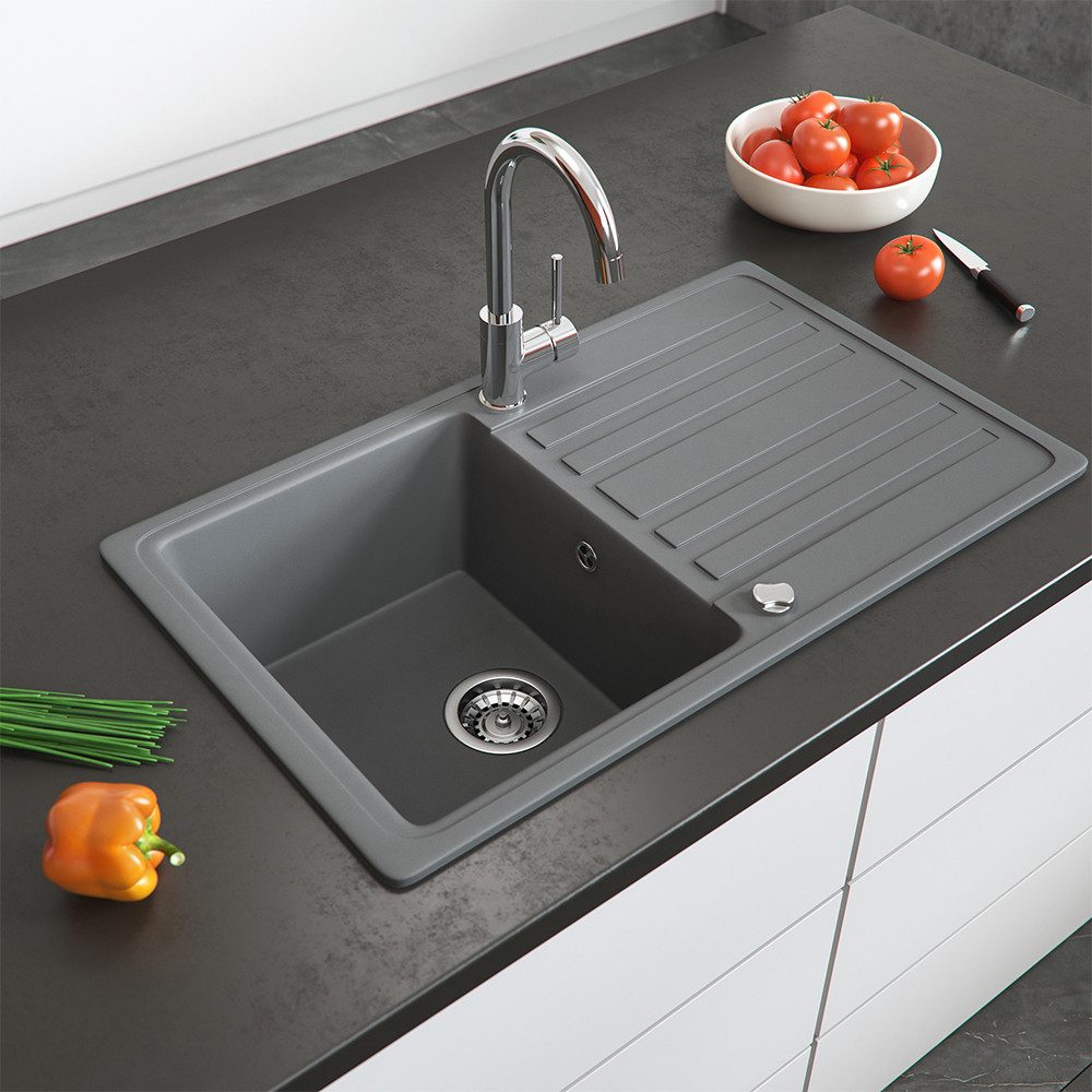 Bergstroem Granitspüle, Grau, 76 x 46 cm mit Trockenplatz, 76.5/46 cm, beidseitig montierbar, (1 St)