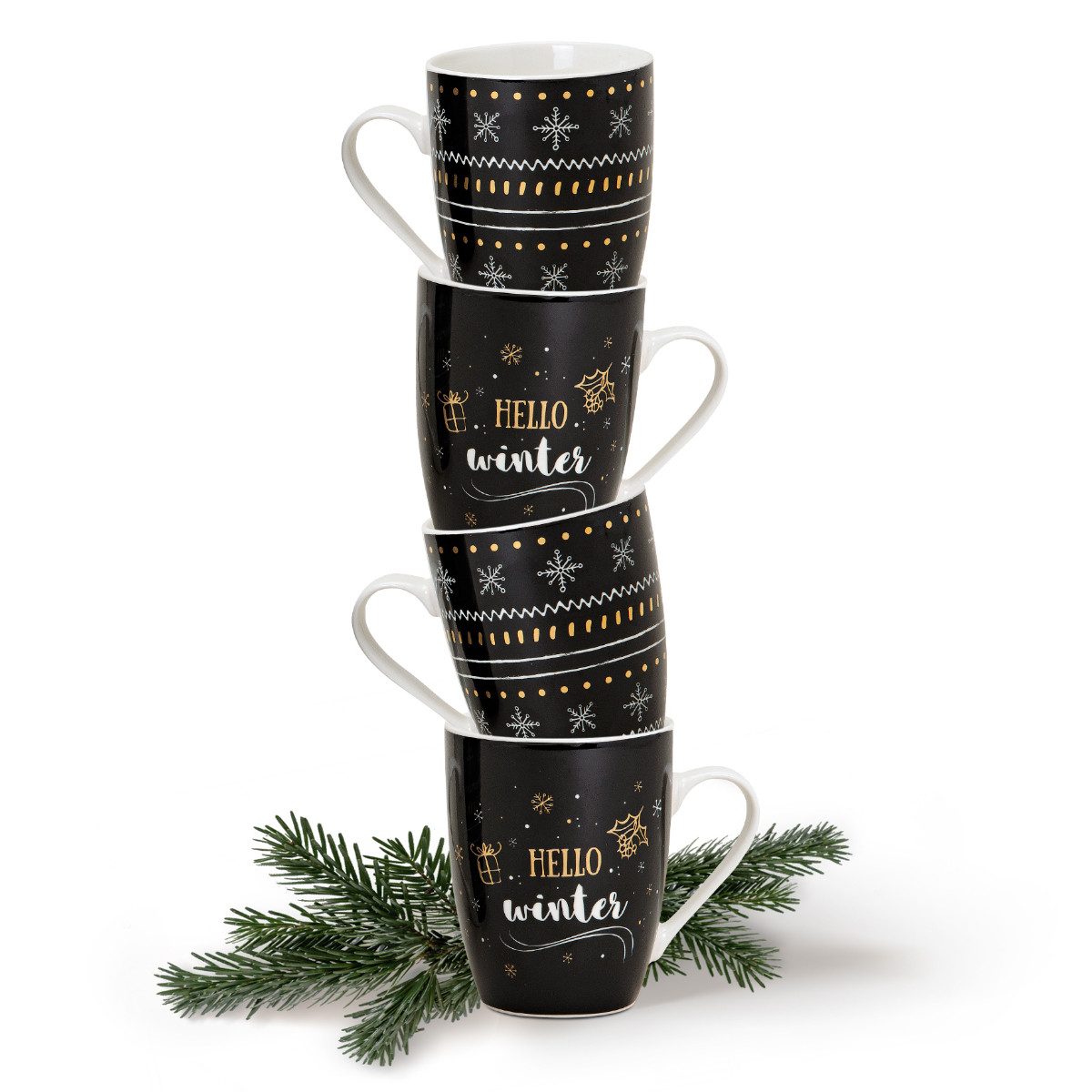 matches21 HOME & HOBBY Tasse Weihnachtstassen 48er Set Weihnachtsdeko mit Spruch Hello Winter, 48-tlg., Porzellan, Tee Kaffee-Becher Weihnachten modern schwarz goldfarben340 ml