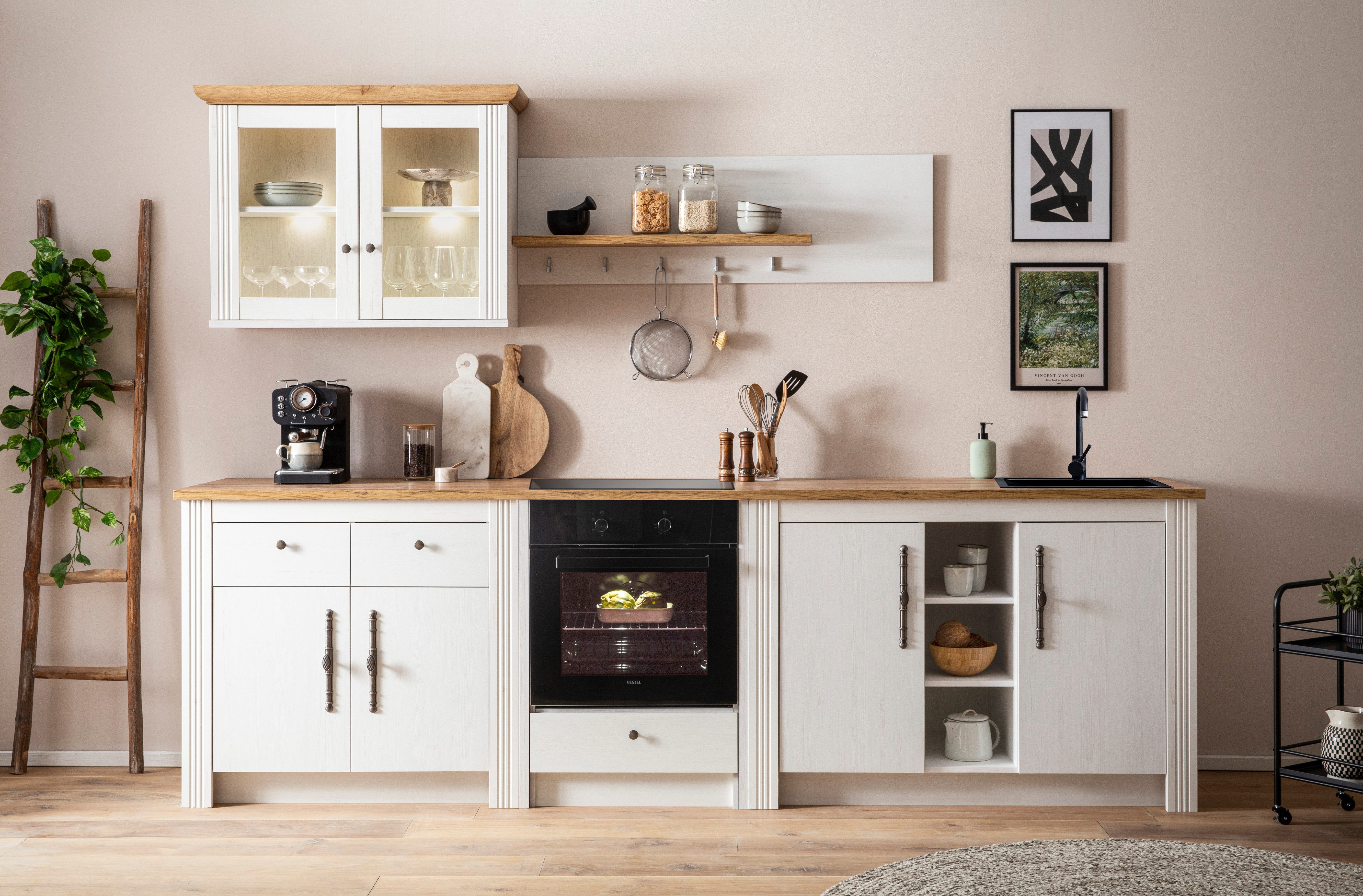 OTTO home Küchenzeile KS-Westminster, Pantryküche im Landhaus Stil, hochwertige Metallgriffe, (Set), Breite 294 cm, Kommoden, Wandpaneel, Hängeschrank, Herdumbau