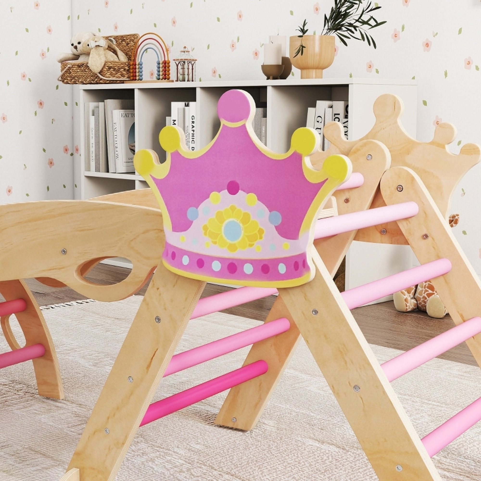 MC Star Klettergerüst 8-in-1 Indoor-Klettergerüst für Kinder, Prinzessinnen-Design, (Rutsche, Rampe, Bogen, Holz)