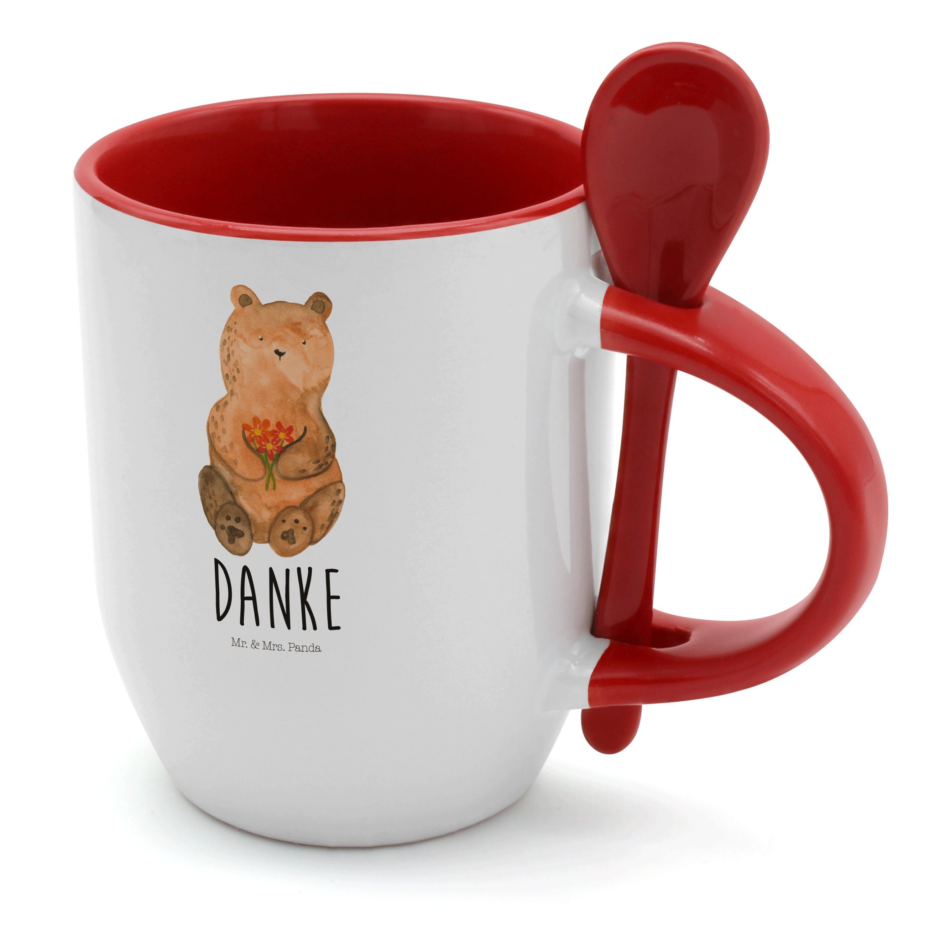 Mr. & Mrs. Panda Tasse Dankbär - Weiß - Geschenk, Tasse mit Spruch, Teddy, Tasse mit Löffel, Keramik