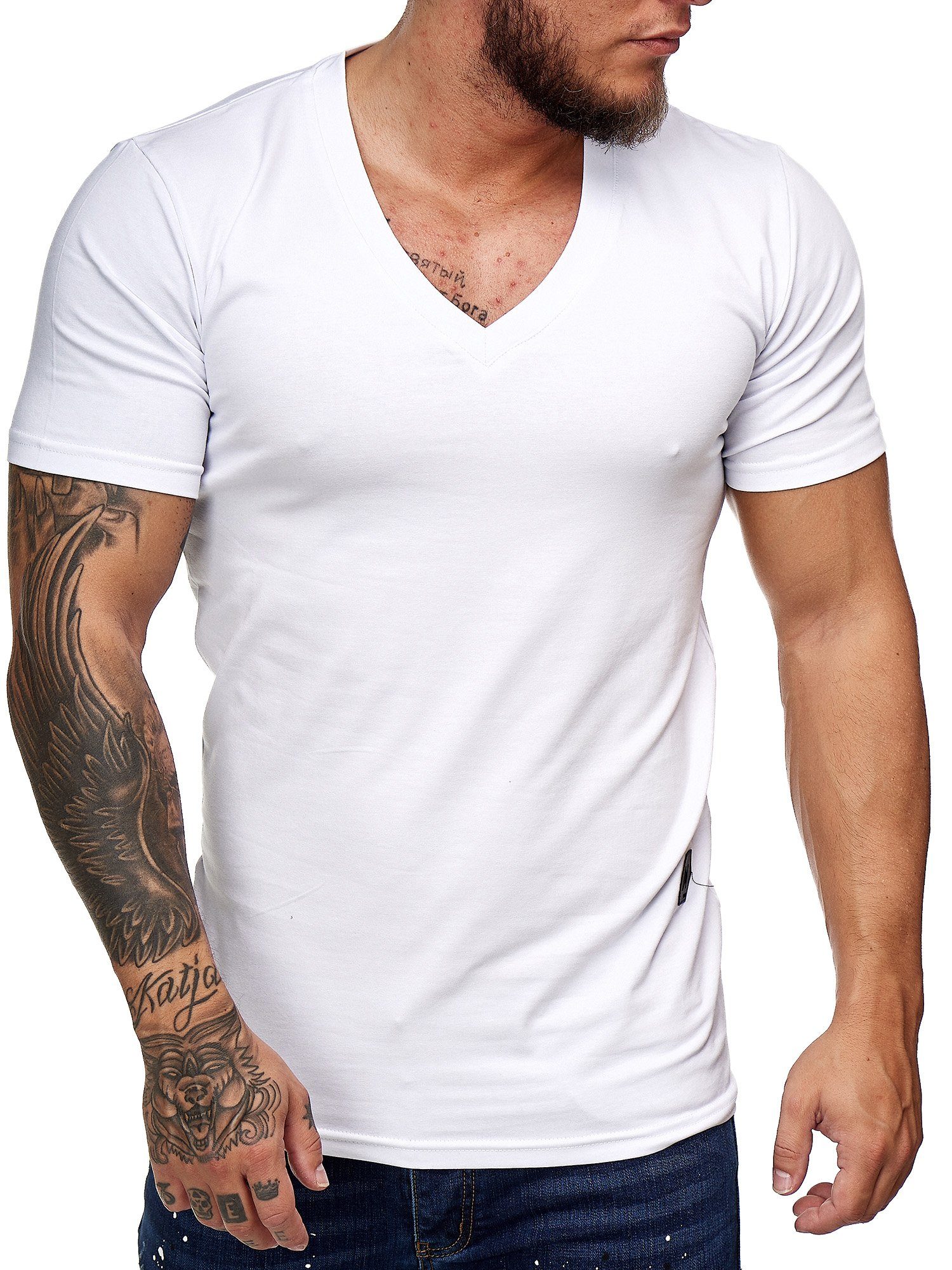 OneRedox T-Shirt 1-tlg) Polo Casual Weiss Freizeit Tee, (Shirt 8031ST Kurzarmshirt Fitness