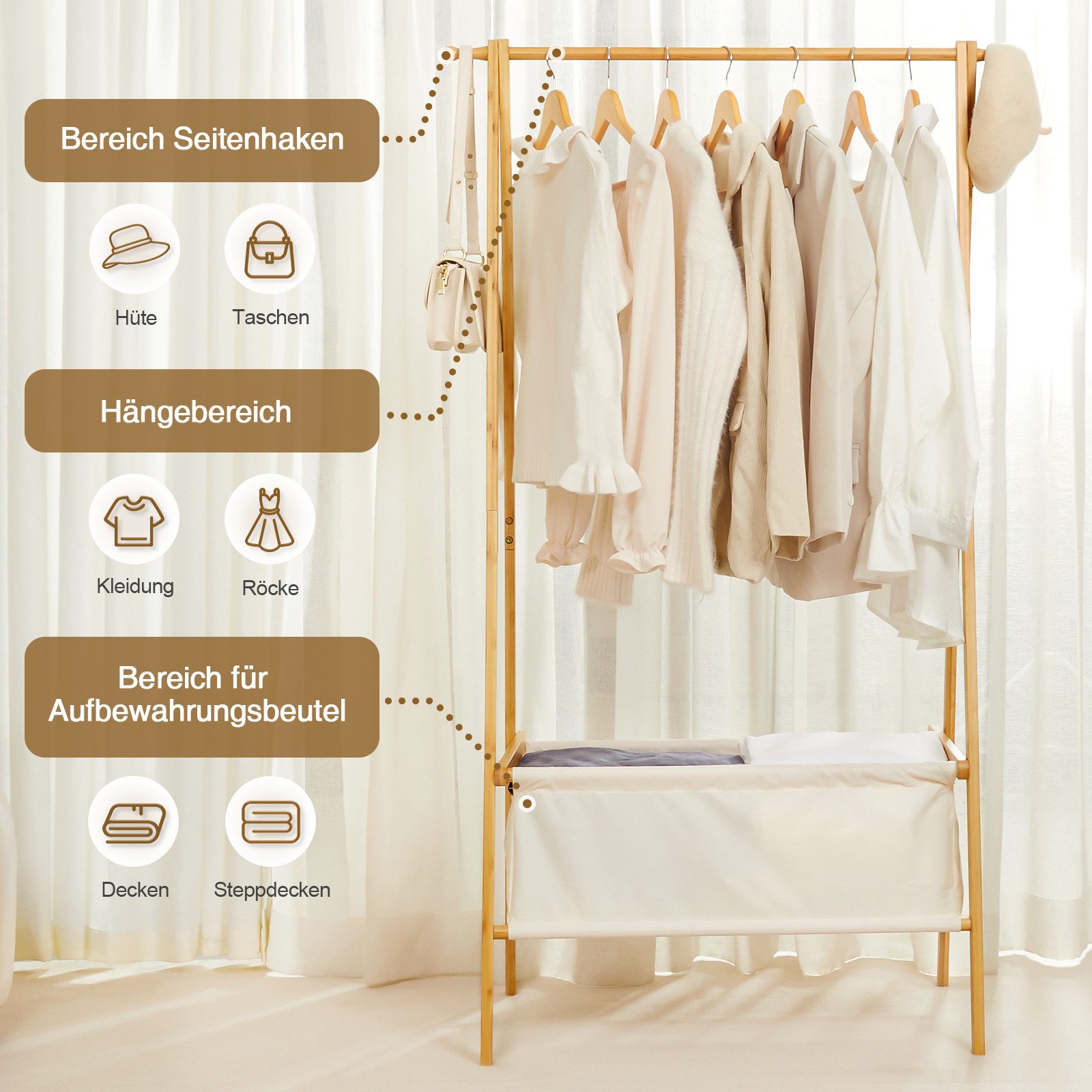Yorbay Kleiderständer Garderobenständer aus Bambus, 88x49x149 cm, mit Aufbe günstig online kaufen
