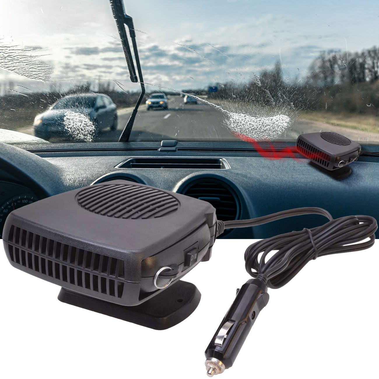 Filmer Heizlüfter Tragbarer Auto-Heizlüfter 12V 150W, Scheiben-Enteiser & Ventilator, mit Haltegriff/2 Modi: Heizen zur Enteisung Kühlen als Ventilator