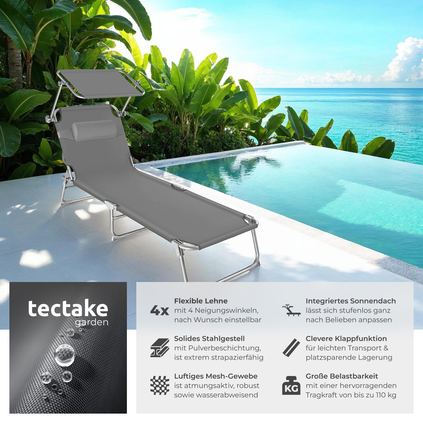 tectake Gartenliege Sonnenliege 4-stufig mit Kopfpolster, günstig online kaufen