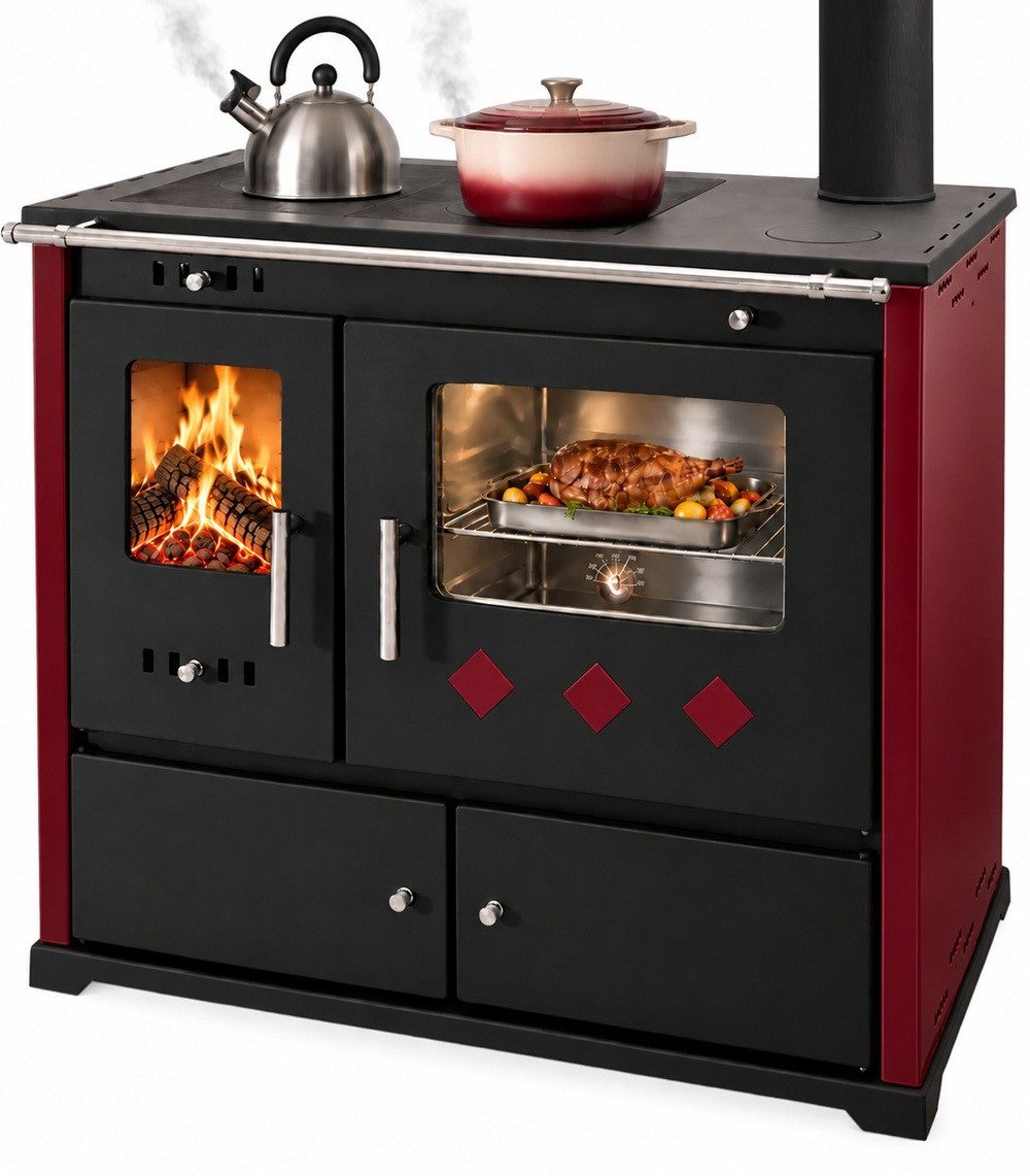 Prometey Festbrennstoffherd XL-Küchenofen PR LUX INOX bordeaux, rechts mit Edelstahlbackfach, 9,4 kW