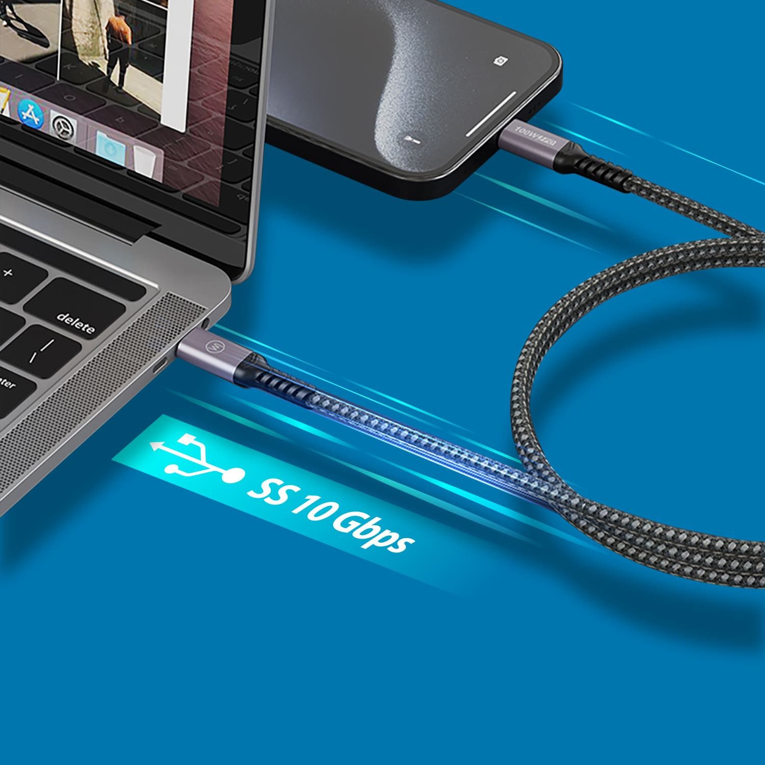 Wicked Chili 1x Dual USB-C Kabel 100W 1m, iPhone MacBook Samsung 4K@60Hz 10GBps Smartphone-Kabel, USB-C, USB-C (100 cm), USB-C 3.2 Gen2, Video 4K@60Hz, Display  – Bild 4 von 5