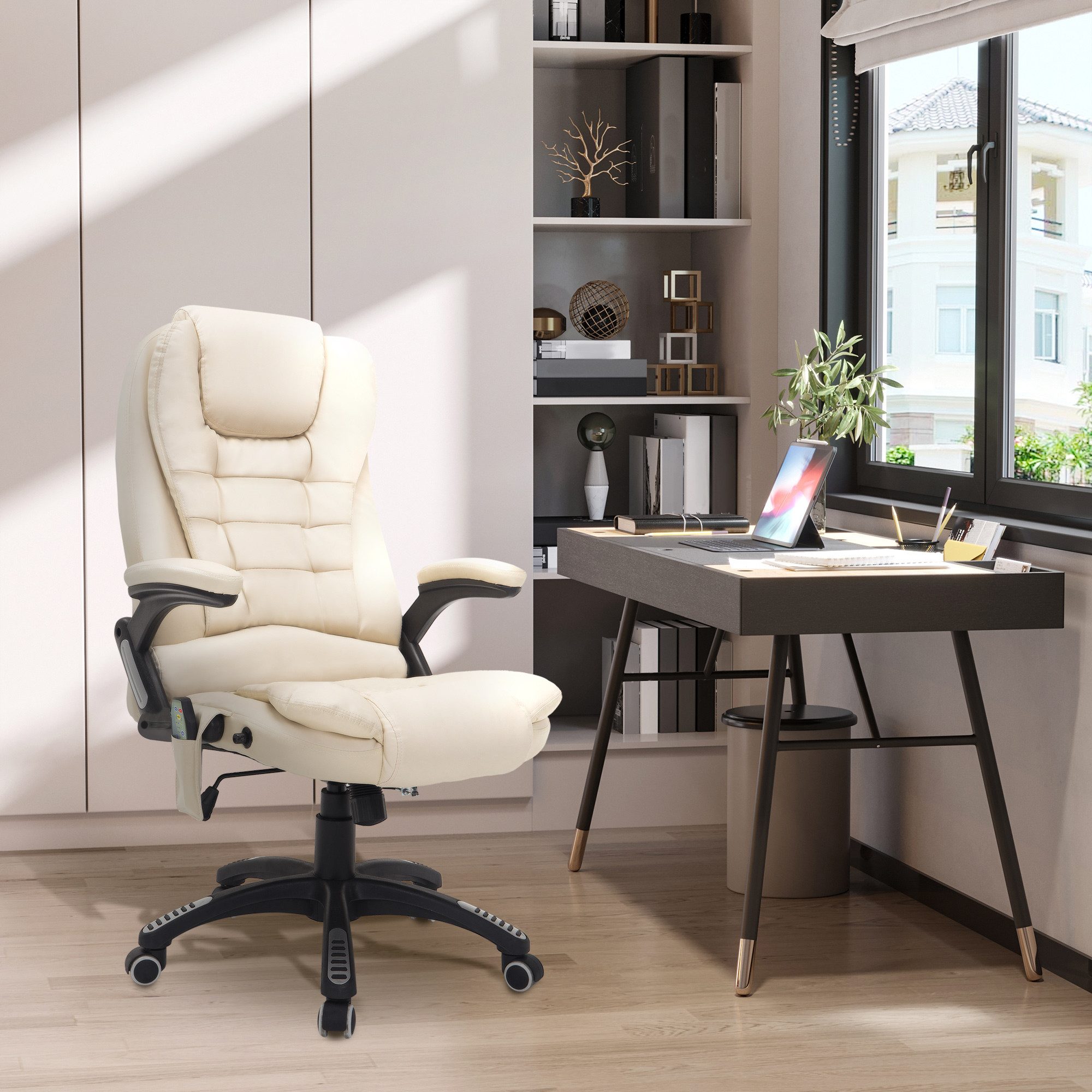 HOMCOM Schreibtischstuhl Bürostuhl mit Massagefunktion Ergonomischer Chefsessel (Massagesessel, 1 St), für Wohnbereich, Cremeweiß