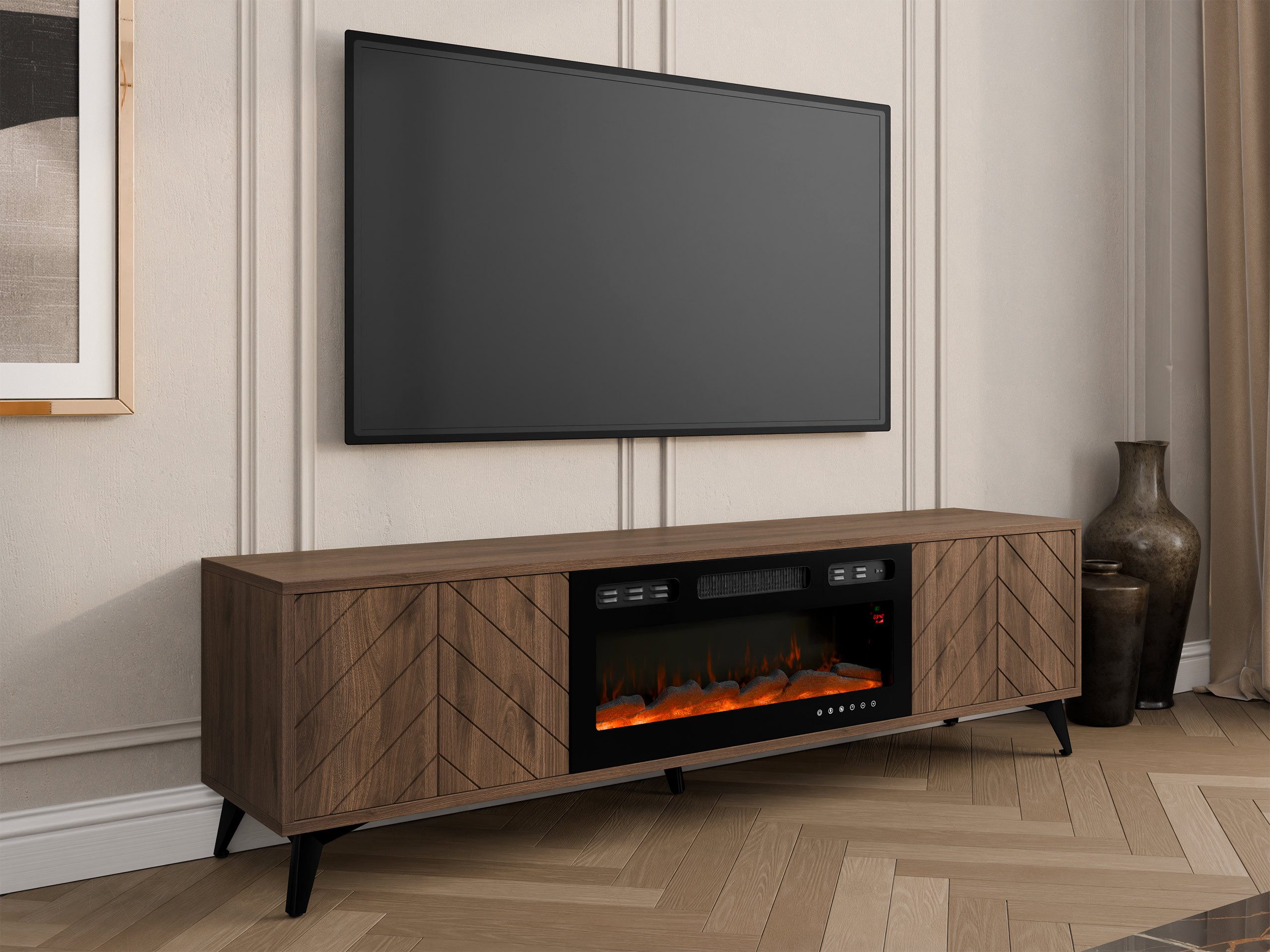 MIRJAN24 TV-Schrank Xylix Bis 2D EF mit Elektrische Kamin (mit zwei Drehtüren) Realistische LED-Flamme, 184x40x53 cm