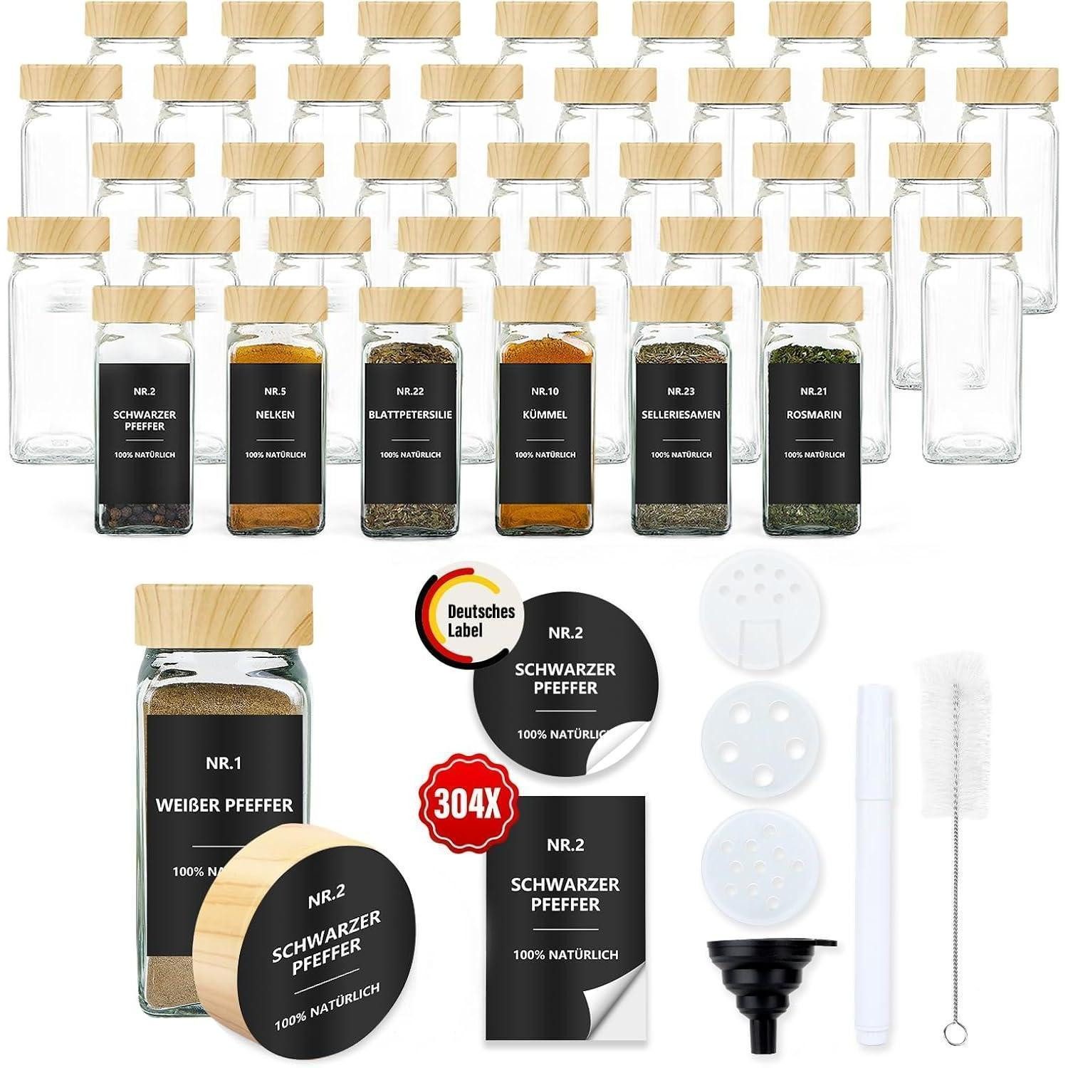 LuxusKollektion Gewürzbehälter Gewürzgläser eckig Set 36er 120ml Streueinsatz Holzmaserung 36er set, Glas