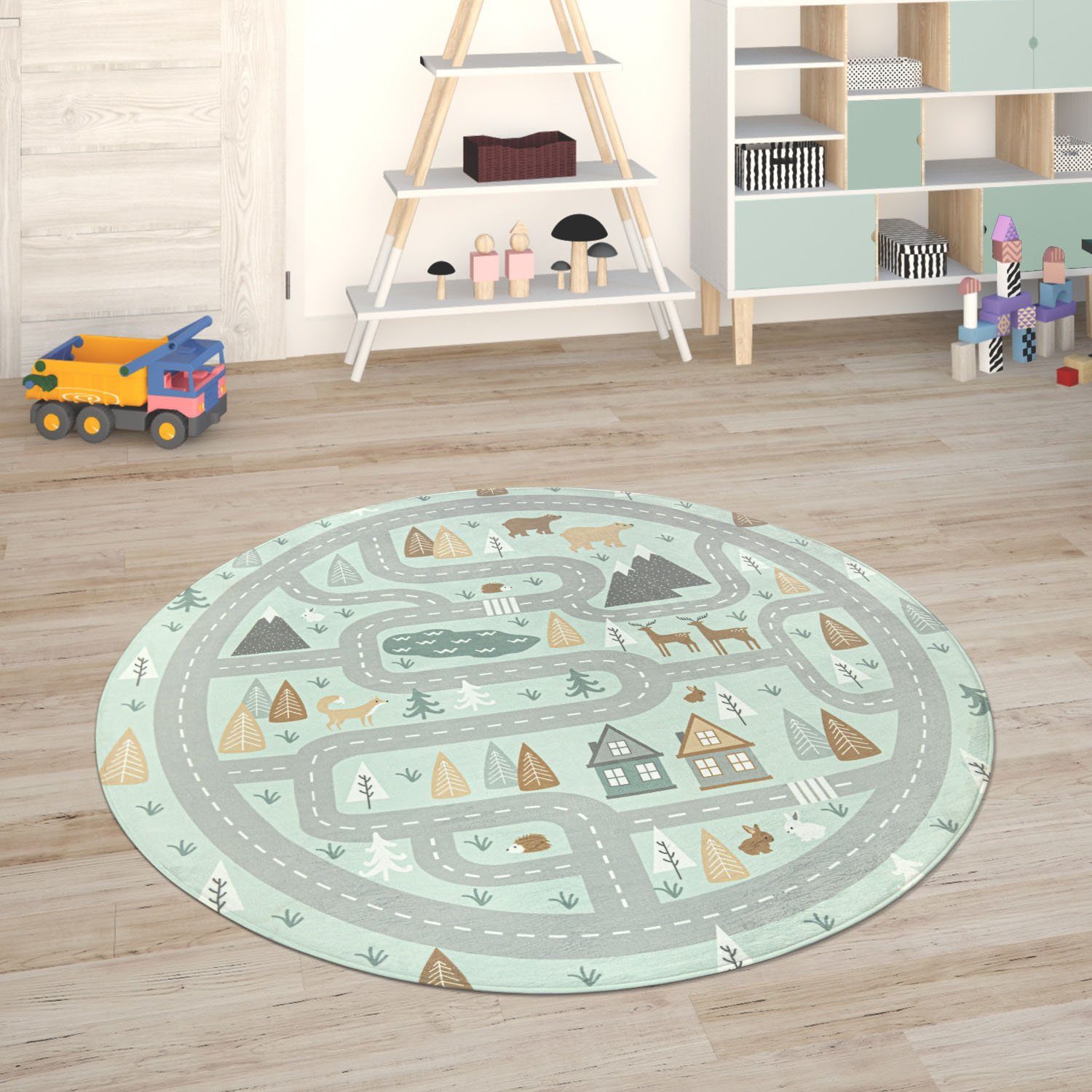 Kinderteppich Chicos 550, Paco Home, rund, Höhe: 2 mm, Flachgewebe, Straßen- Spiel-Teppich, Kinderzimmer, perfekt für das Kinderzimmer geeignet