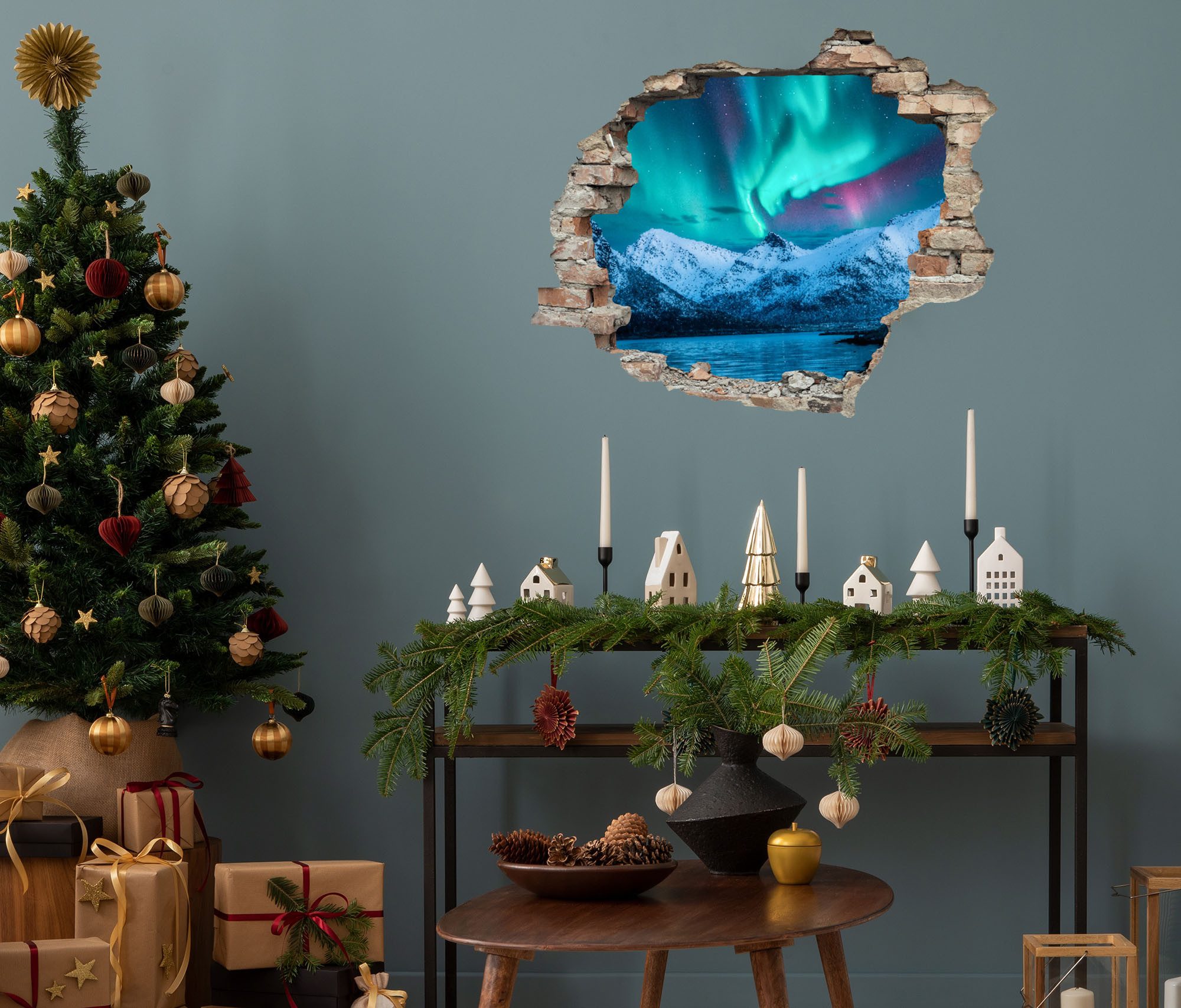 queence 3D-Wandtattoo Nordlichter (1 St), selbstklebender Wandsticker Weihnachten