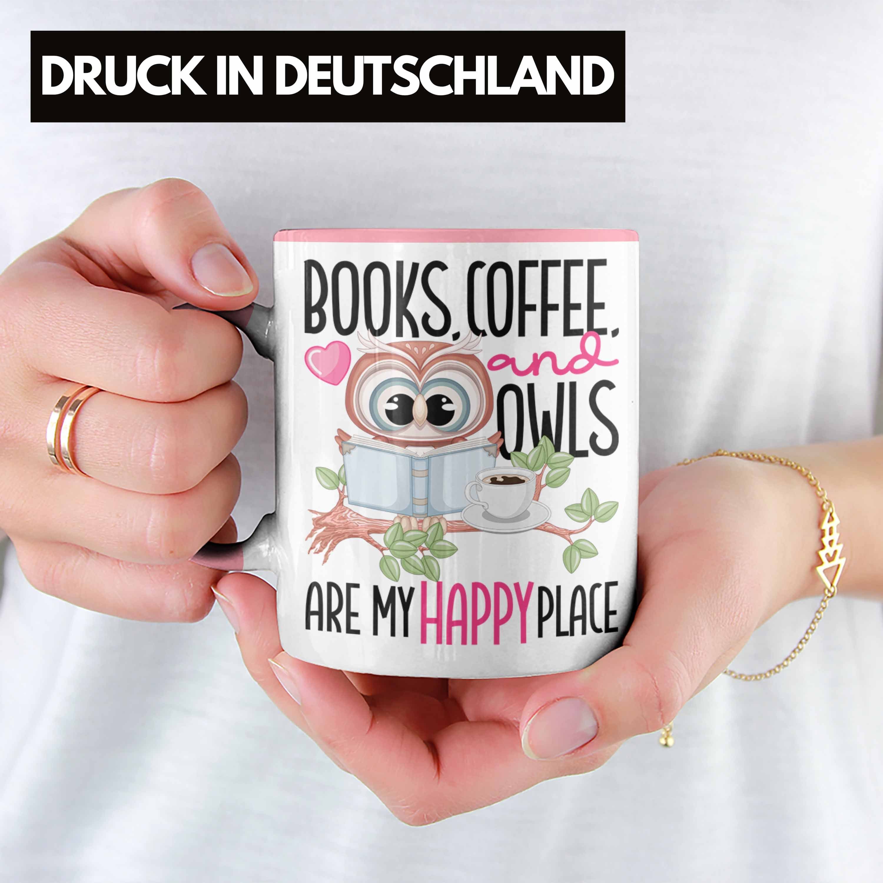 Trendation Tasse Bücher Kaffee Eulen Geschenk Rosa Leseratte Bücher Tasse Happy Place Lesen