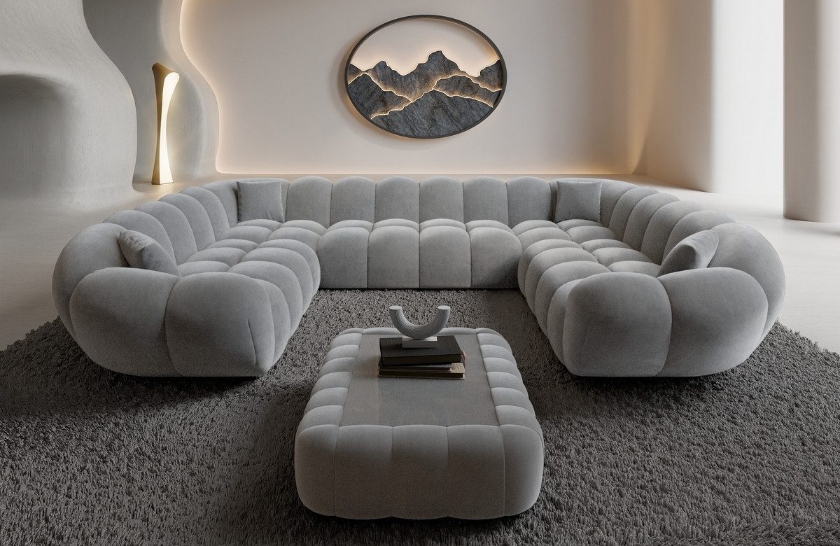 Sofa Dreams Loungesofa Maleron XXL Panorama Design Couch, Stoff Wohnlandschaft, 6-Sitzer, Sofa, Samtstoff Bezug in Hellgrau
