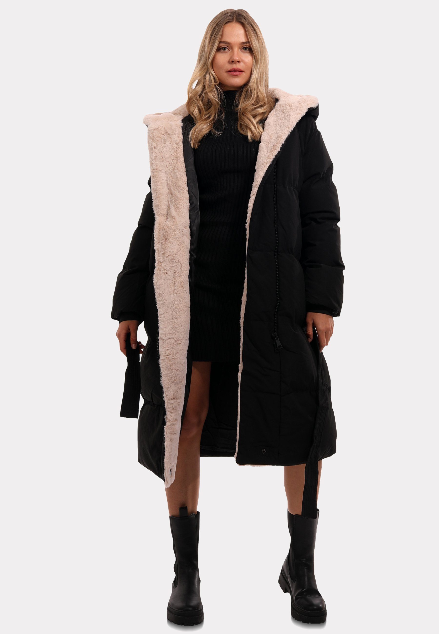 Fashion Wintermantel Kapuze Kunstpelzbesatz Style YC & Damen Basic Luxuriöser und Mantel mit