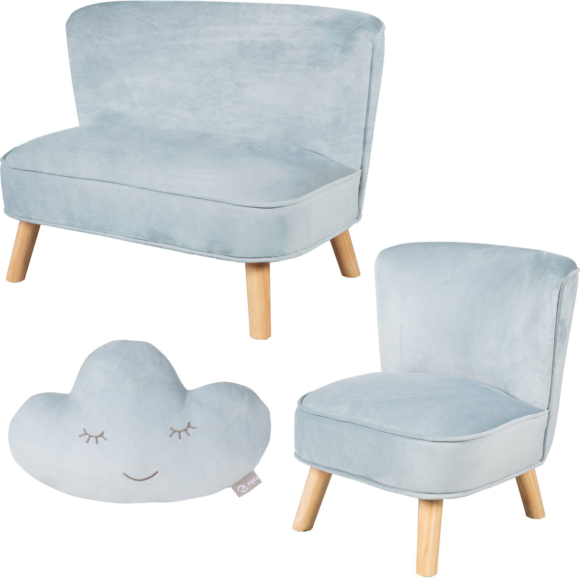 roba® Kindersitzgruppe Lil Sofa, (Set, 3-tlg), bestehend aus Kindersofa, Kindersessel und Dekokissen in Wolkenform hellblau-sky