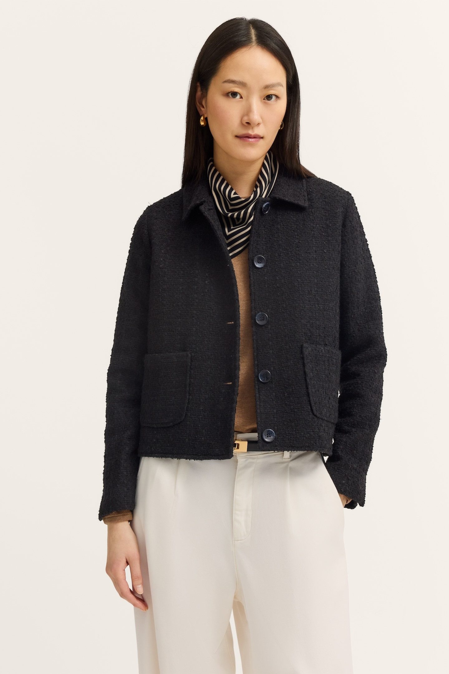 bugatti Hemdjacke Bouclé mit Knopfleiste und aufgesetzten Taschen