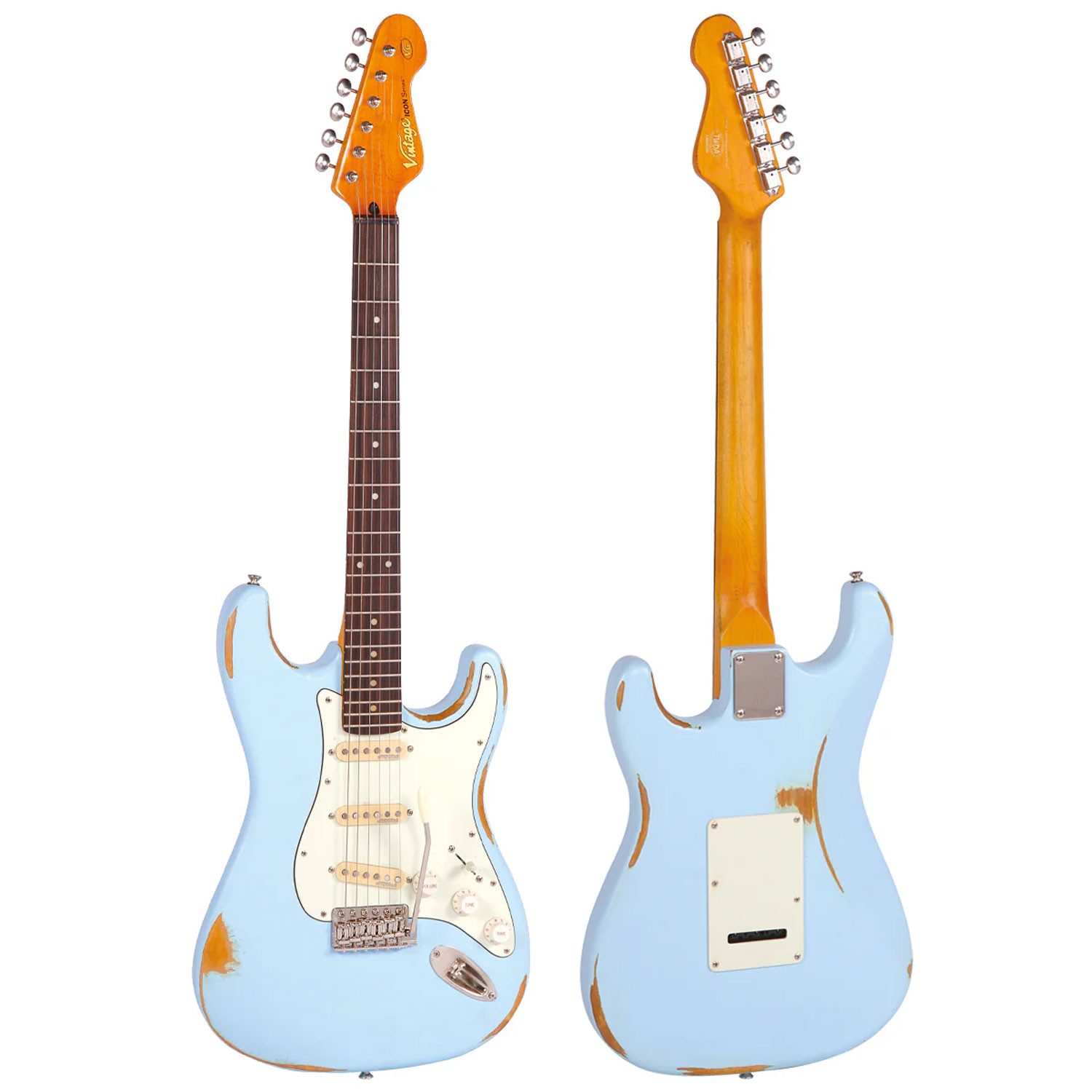 Vintage Guitars E-Gitarre Vintage E-Gitarre V6MRLB Icon Distressed Laguna Blue, S-Style Form, Relic-Finish, 1-St., E-Gitarre, E-Gitarre in der klassischen S-Style Form