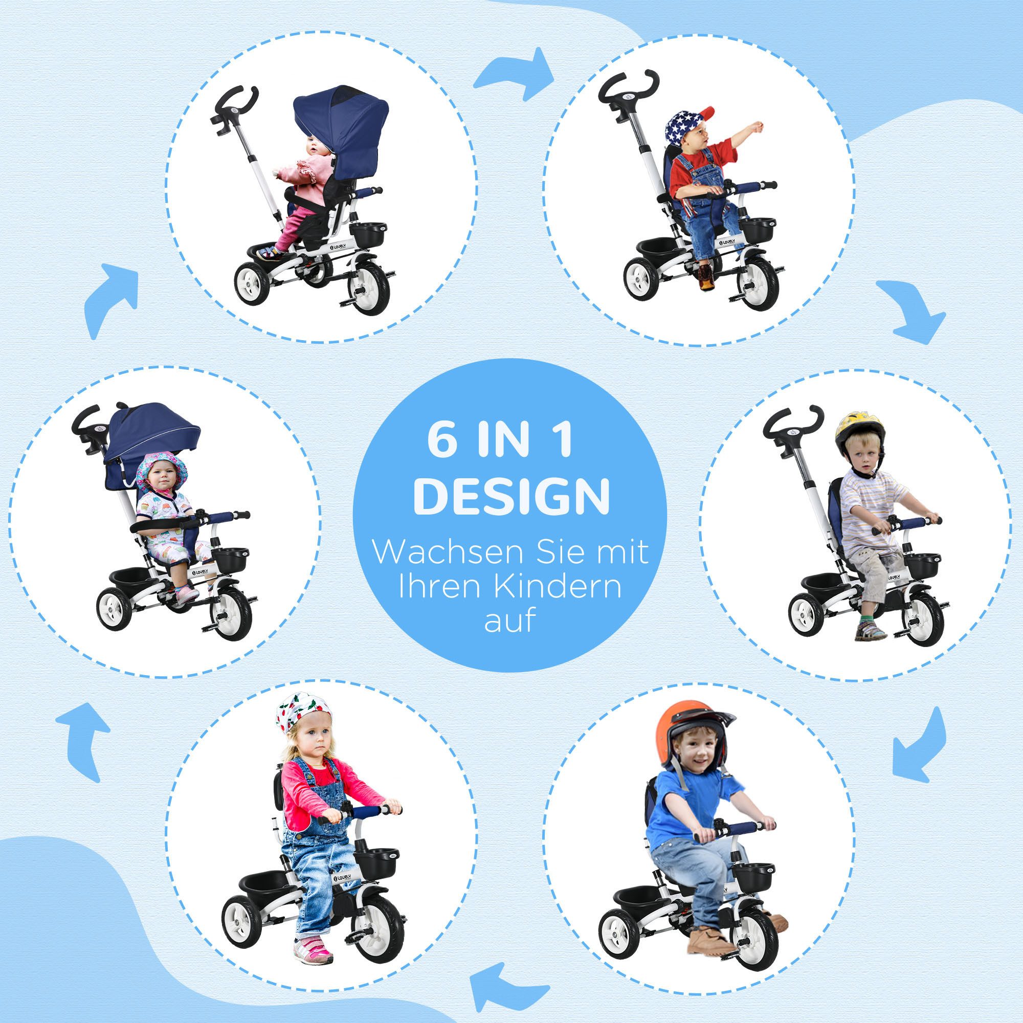HOMCOM Dreirad 6 in 1 Kinderdreirad, vorwärts/rückwärts, Korb+Getränkehalter, für 1-5 Jahre Kinder, Blau – Bild 4 von 5
