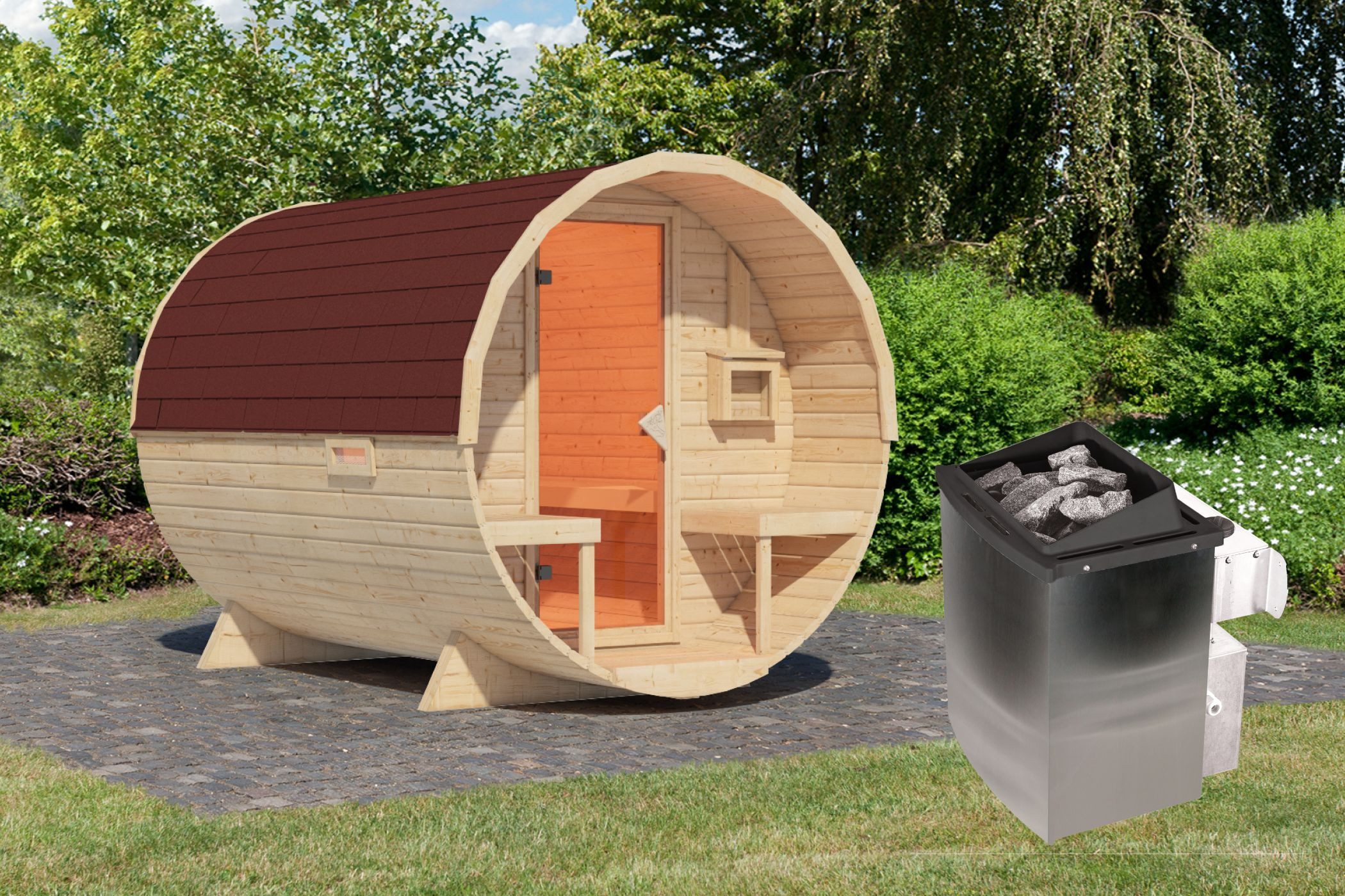 Karibu Saunahaus Fasssauna 38mm Saunaofen 9kW eingebaute Steuerung inkl. Dachschindeln, Komfortable Stehhöhe von 200 cm, Made in Germany