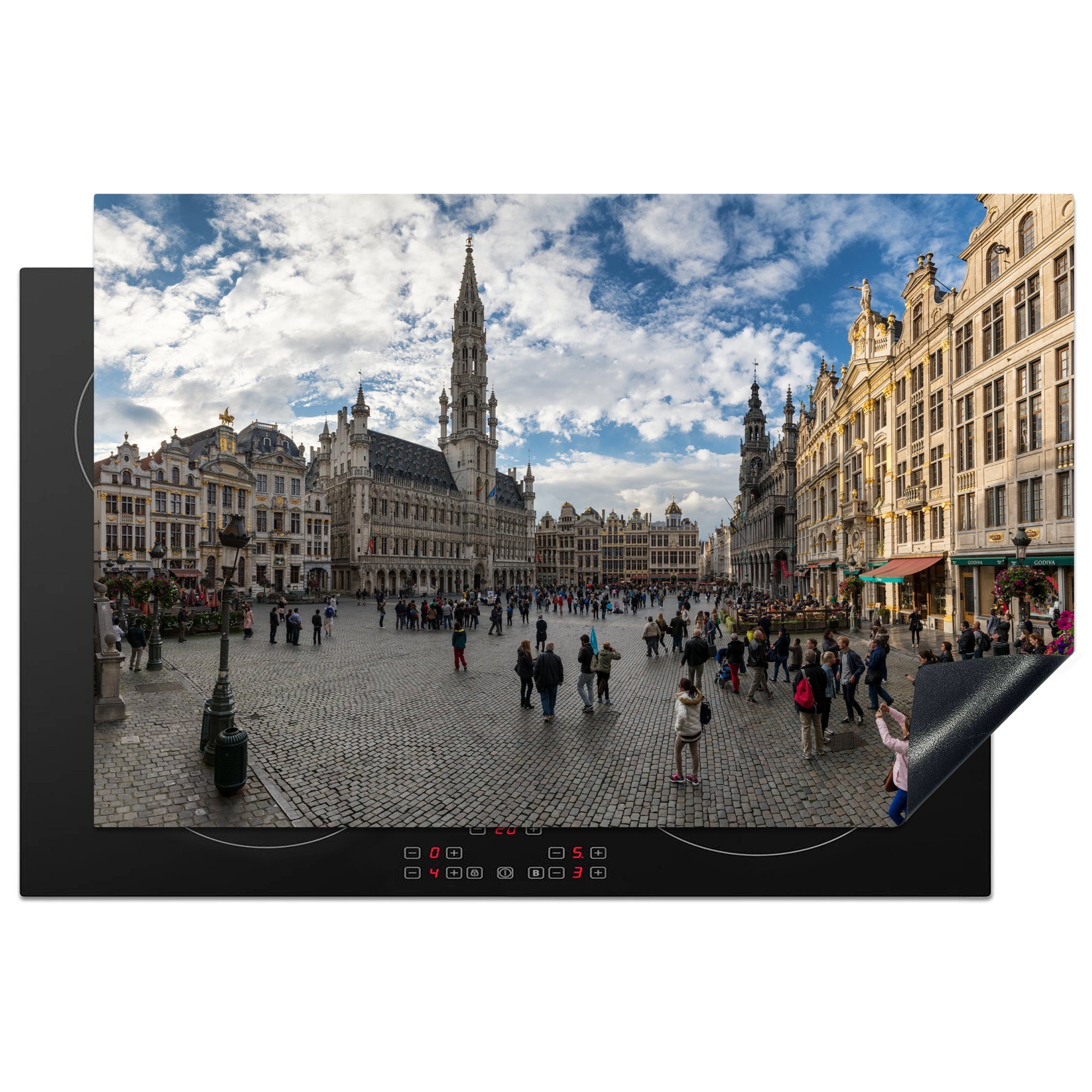 MuchoWow Herdblende-/Abdeckplatte Grand Place - Menschen - Brüssel, Vinyl, (1 tlg), 81x52 cm, Induktionskochfeld Schutz für die küche, Ceranfeldabdeckung