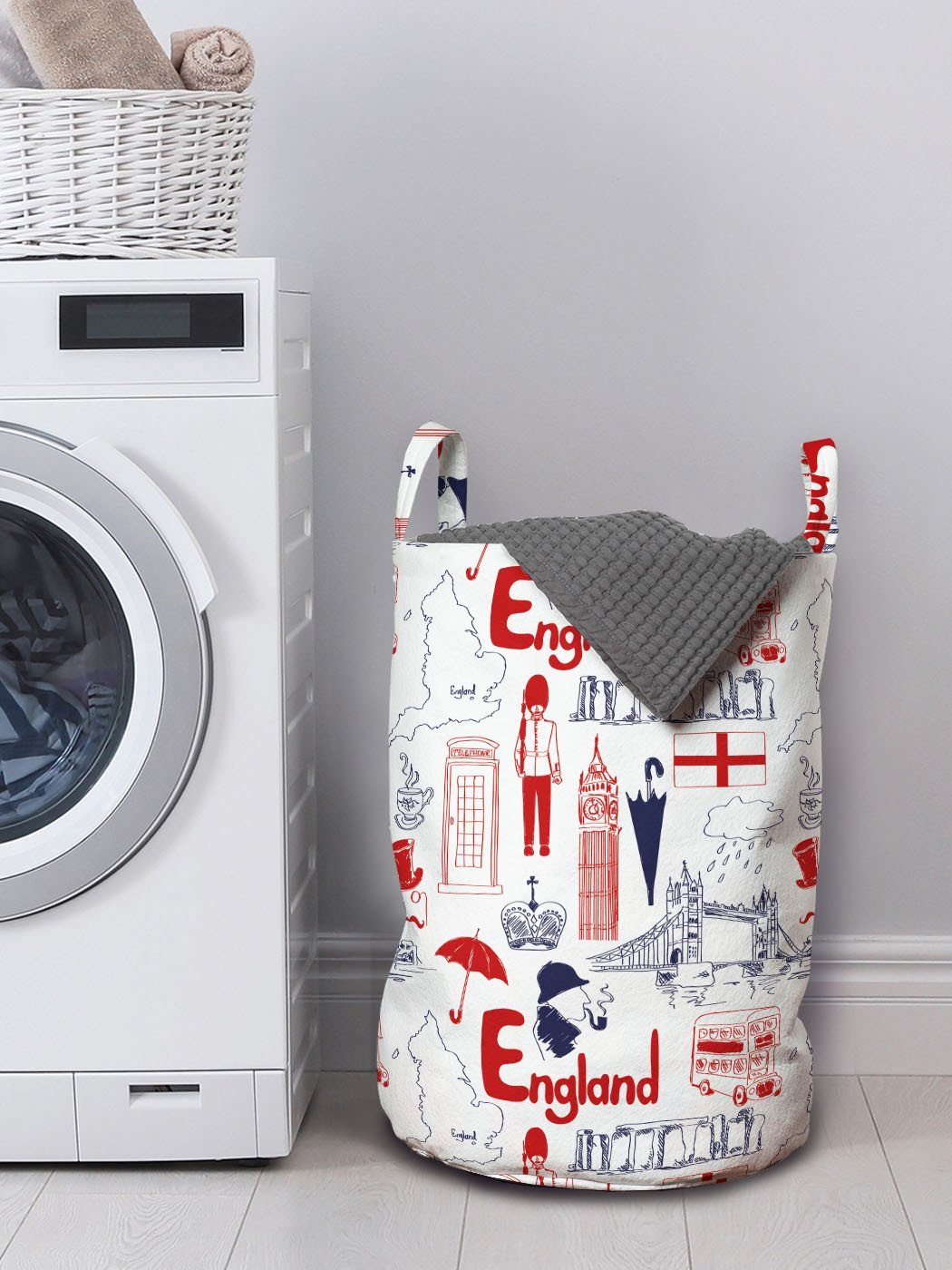 Britische Sketch Wäschekorb Wäschesäckchen Kultur Abakuhaus Waschsalons, für Kordelzugverschluss Griffen mit London
