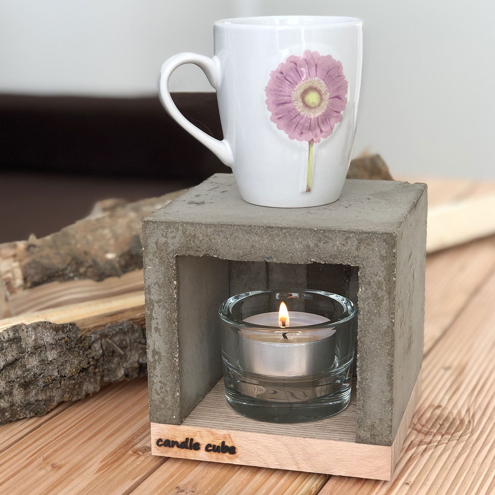 ECI Tools Kerzenhalter candle cube© Teelicht Tisch Kamin Beton mit gr. Teelicht (Set)