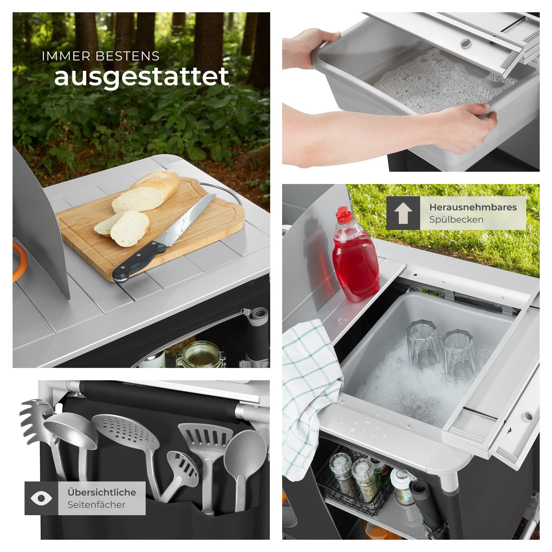 tectake Campingtisch Campingküche Luxus mit 4 Fächern (1-St., 1 tlg), Vielseitige Aufbauküche