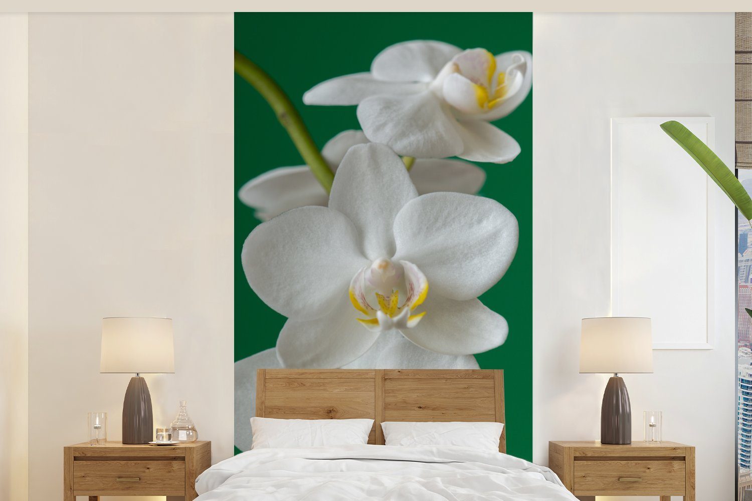 MuchoWow Fototapete Orchidee mit grünem Hintergrund, Matt, bedruckt, (2 St), Vliestapete für Wohnzimmer Schlafzimmer Küche, Fototapete