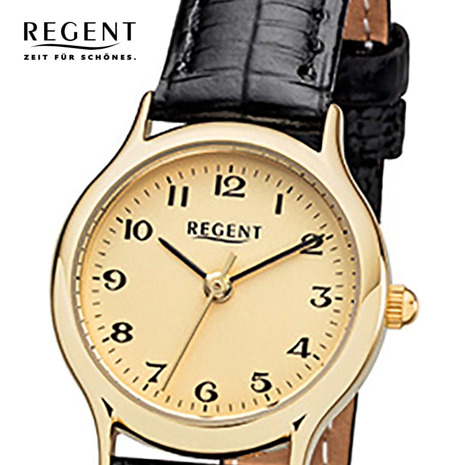 Regent Quarzuhr Lederarmband Damen-Armbanduhr Damen schwarz rund, Analog, (ca. klein Armbanduhr Regent 24mm)