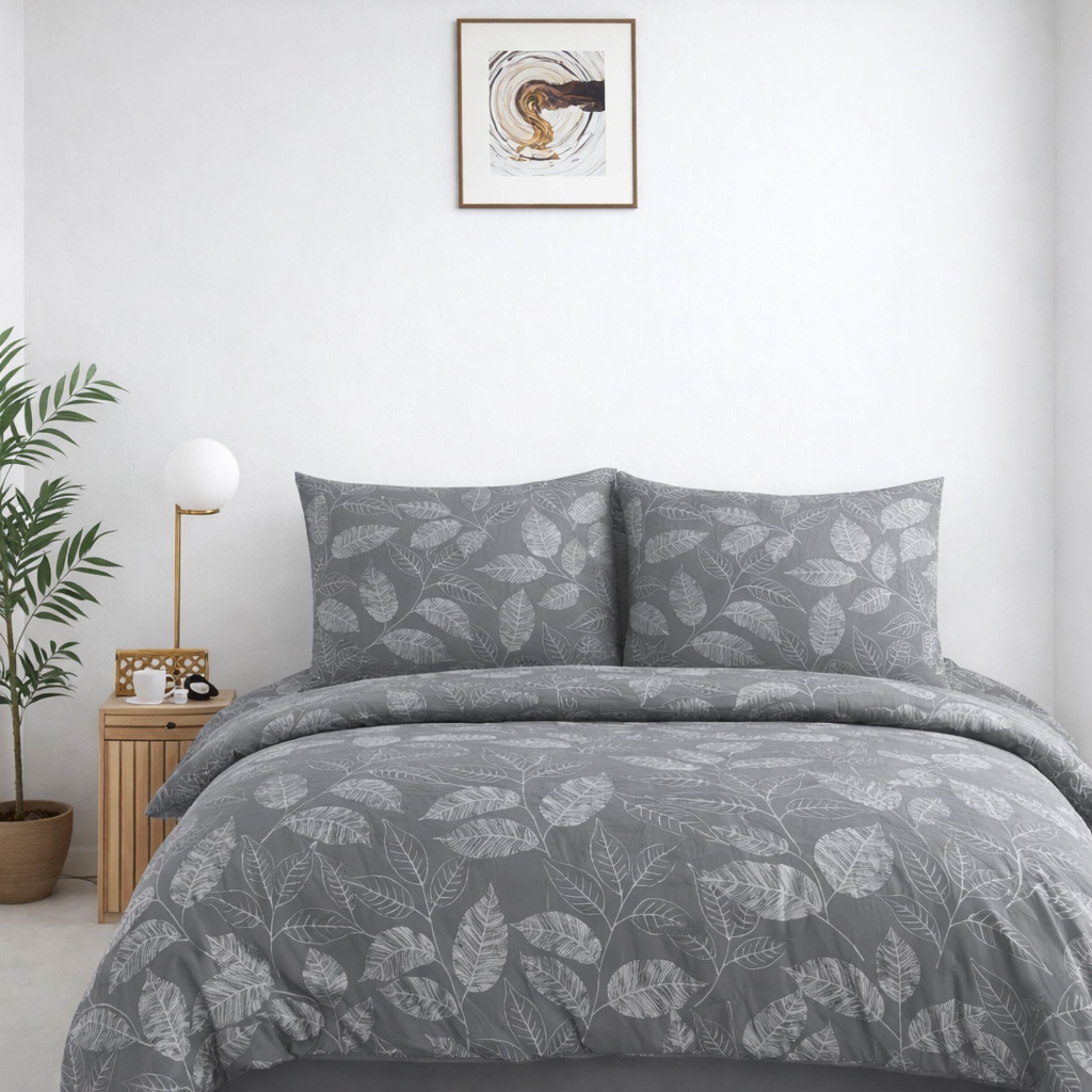 ZIRVEHOME Bettwäsche Baumwolle Grau Bettbezug Elegantes Weiß Blattmuster, Arina V2, Renforce, 4 teilig, Bettwäsche 135x200 Grau Bettbezug Weiß Blattmuster