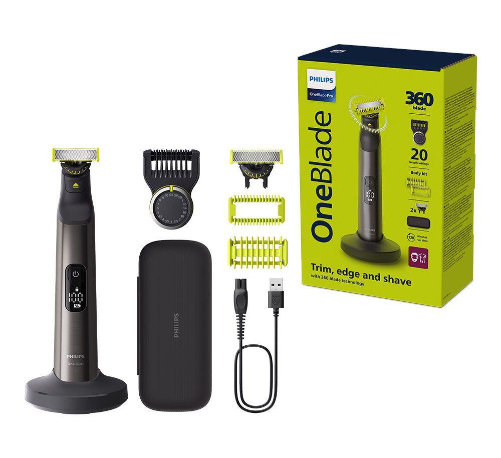 Philips Elektrorasierer OneBlade Pro 360 Face & Body QP6652/30, Aufsätze: 3, 360 Grad Klinge, 20 Längeneinstellungen, inkl. Ladestation & Reiseetui