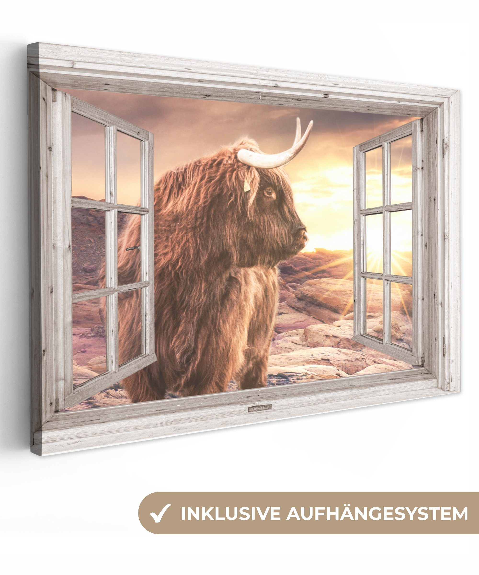 OneMillionCanvasses® Leinwandbild Schottischer Highlander - Aussicht - Sonnenuntergang, (1 St), Wandbild Leinwandbilder, Aufhängefertig, Wanddeko, 30x20 cm