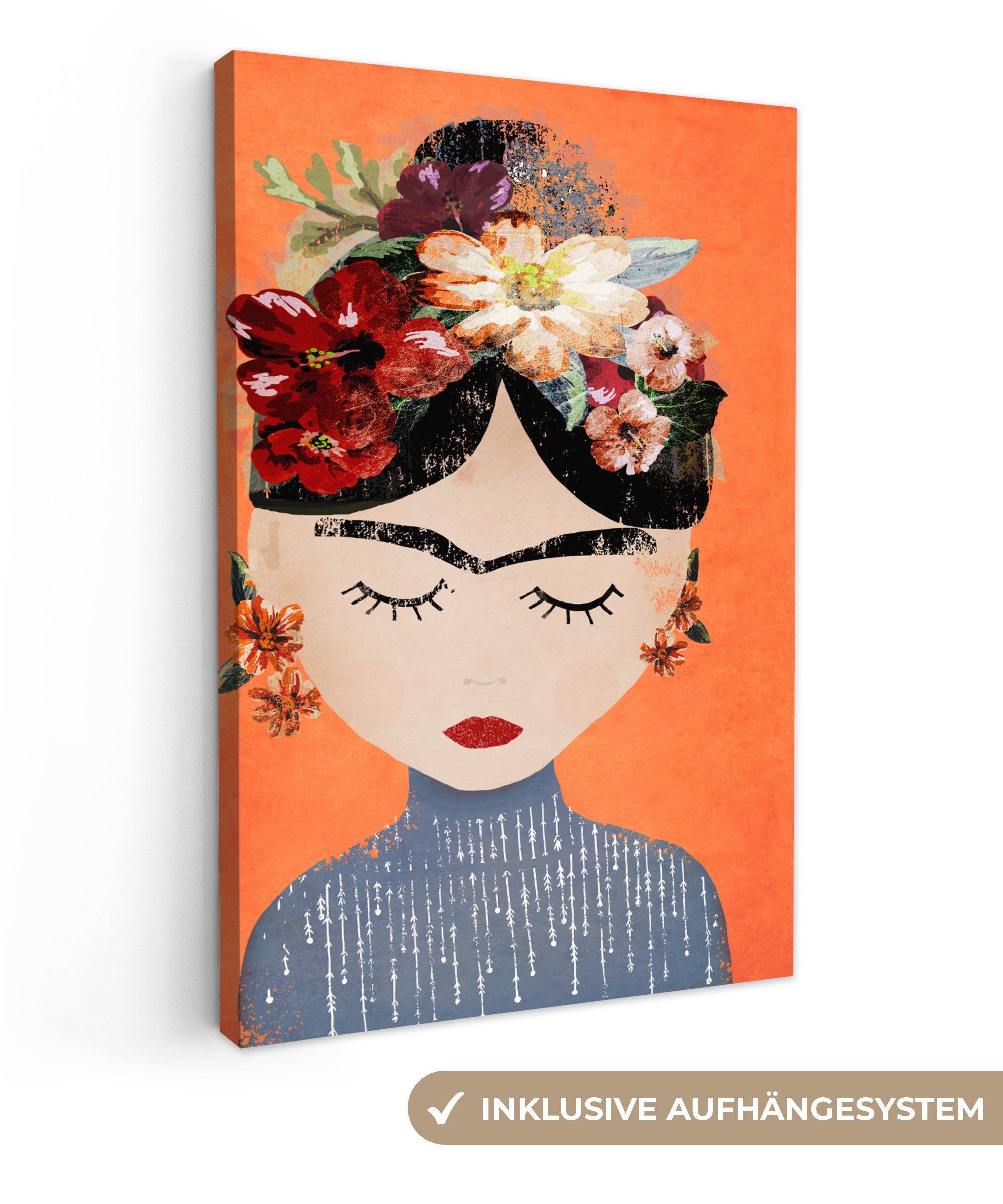 OneMillionCanvasses® Leinwandbild Porträt - Frida Kahlo - Orange - Frau - Blumen, (1 St), Leinwandbild fertig bespannt inkl. Zackenaufhänger, Gemälde, 20x30 cm