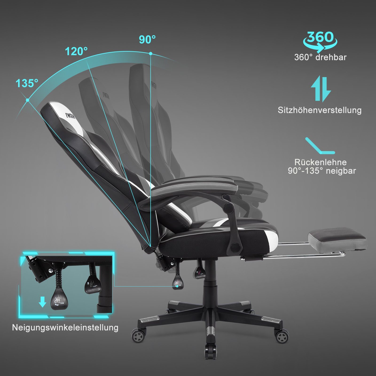hoher mit grau Gaming-Stuhl, Massage-Lendenstütze WM Heart Rückenlehne, Fußstütze und Intimate klappbarer