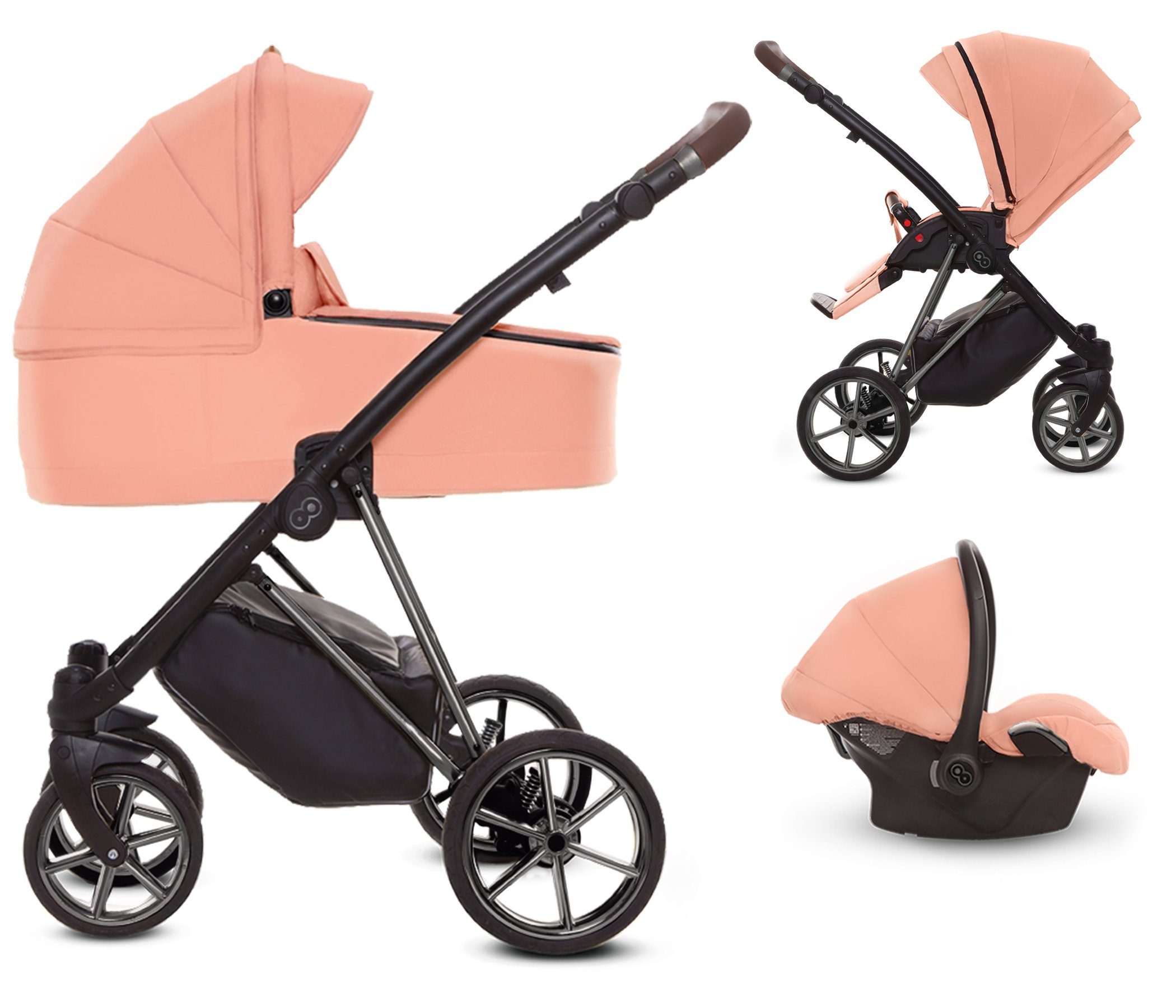 TPFLiving Kombi-Kinderwagen 3 in 1 Musse Ultra, Baby Buggy Babywanne Autositz, großes Zubehör-Set Kinderwagen 3 in 1 Stoff Apricot, Gestell Silber Apricot | Gestell Silber