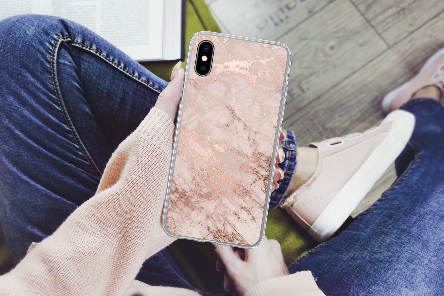 MuchoWow Handyhülle für Apple iPhone XS Marmor - Rosa - Luxus - Marmoroptik - Glitzer - De, Smartphone-Bumper, Print, Handy Schutzhülle Dünn