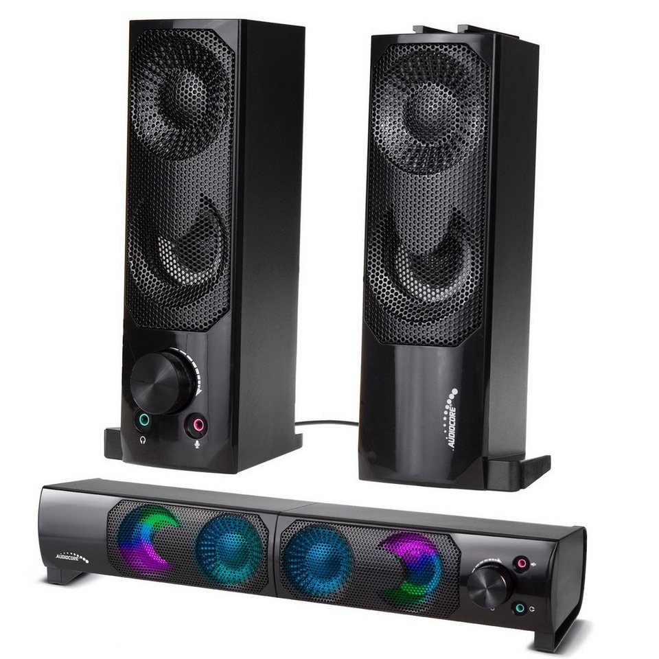 Audiocore AC955 2.0 PC-Lautsprecher (6 W, Soundbar-Funktion [Modulare  Verbindung], Anschluss für AUX / Kopfhörer / Mikrofon, RGB-Bleuchtung, 6W)