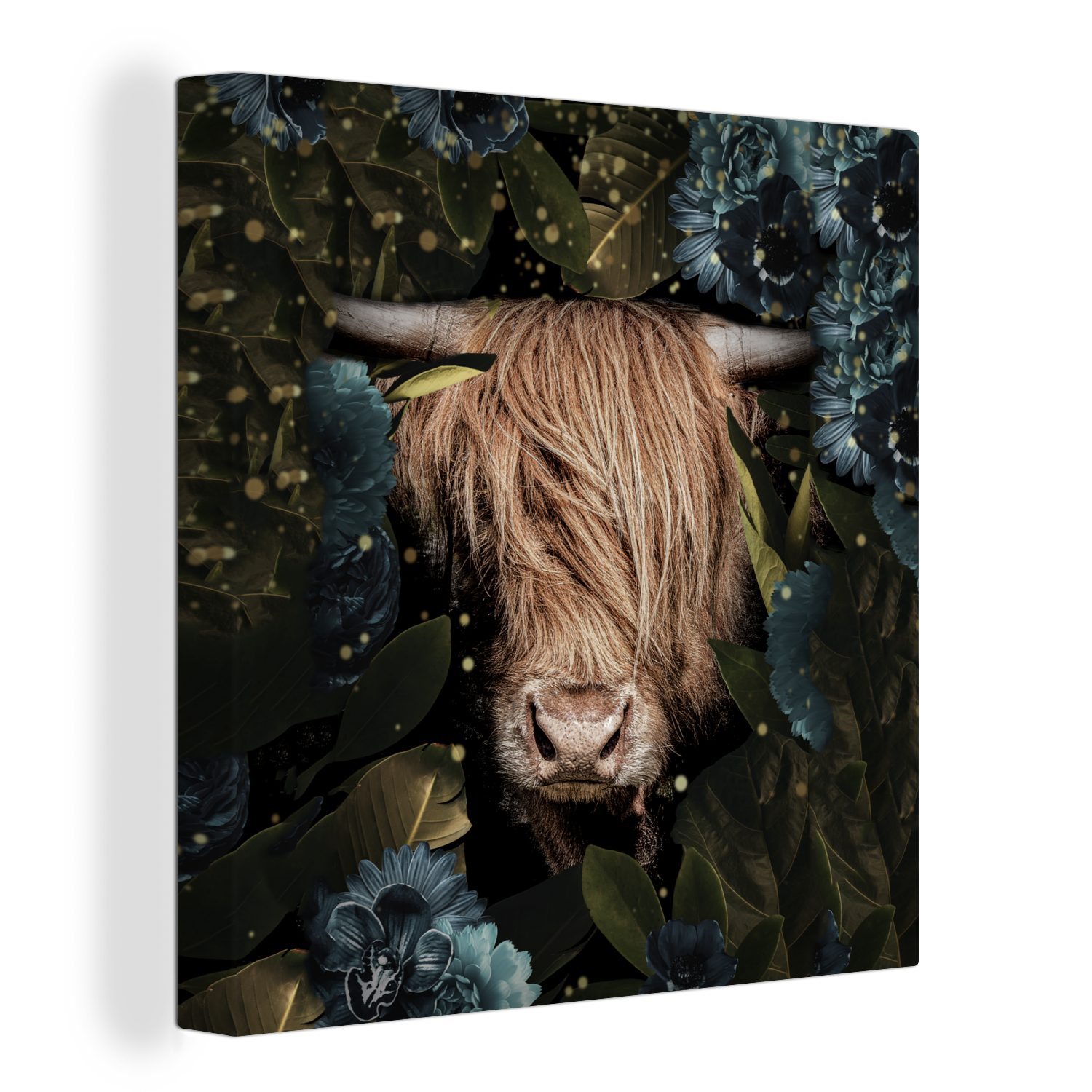 OneMillionCanvasses® Leinwandbild Schottischer Highlander - Blumen - Blätter - Licht, (1 St), Leinwand Bilder für Wohnzimmer Schlafzimmer