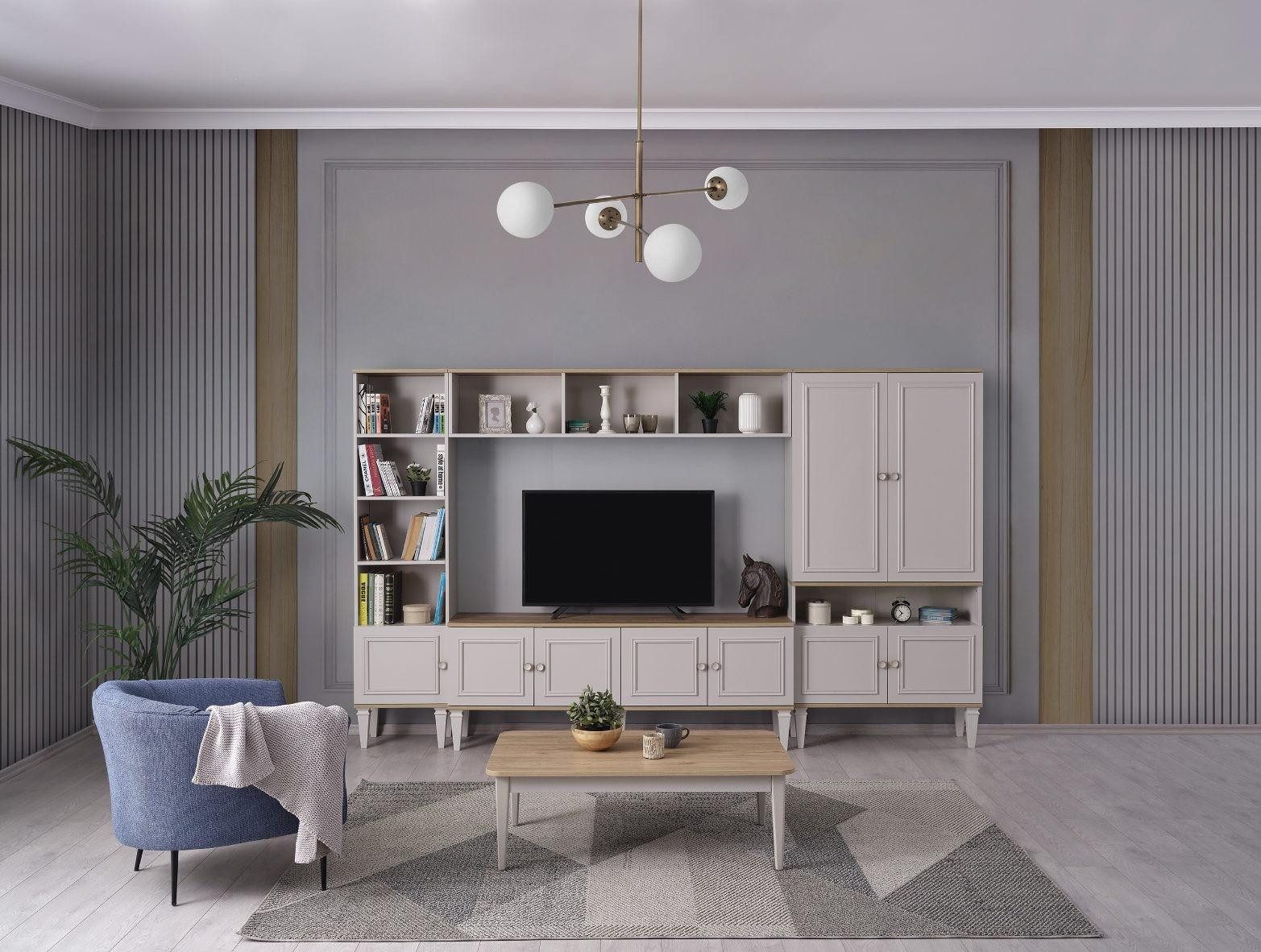 JVmoebel Wohnwand Graue TV-Wandhalterung aus Holz mit Regalen für modernes Wohne