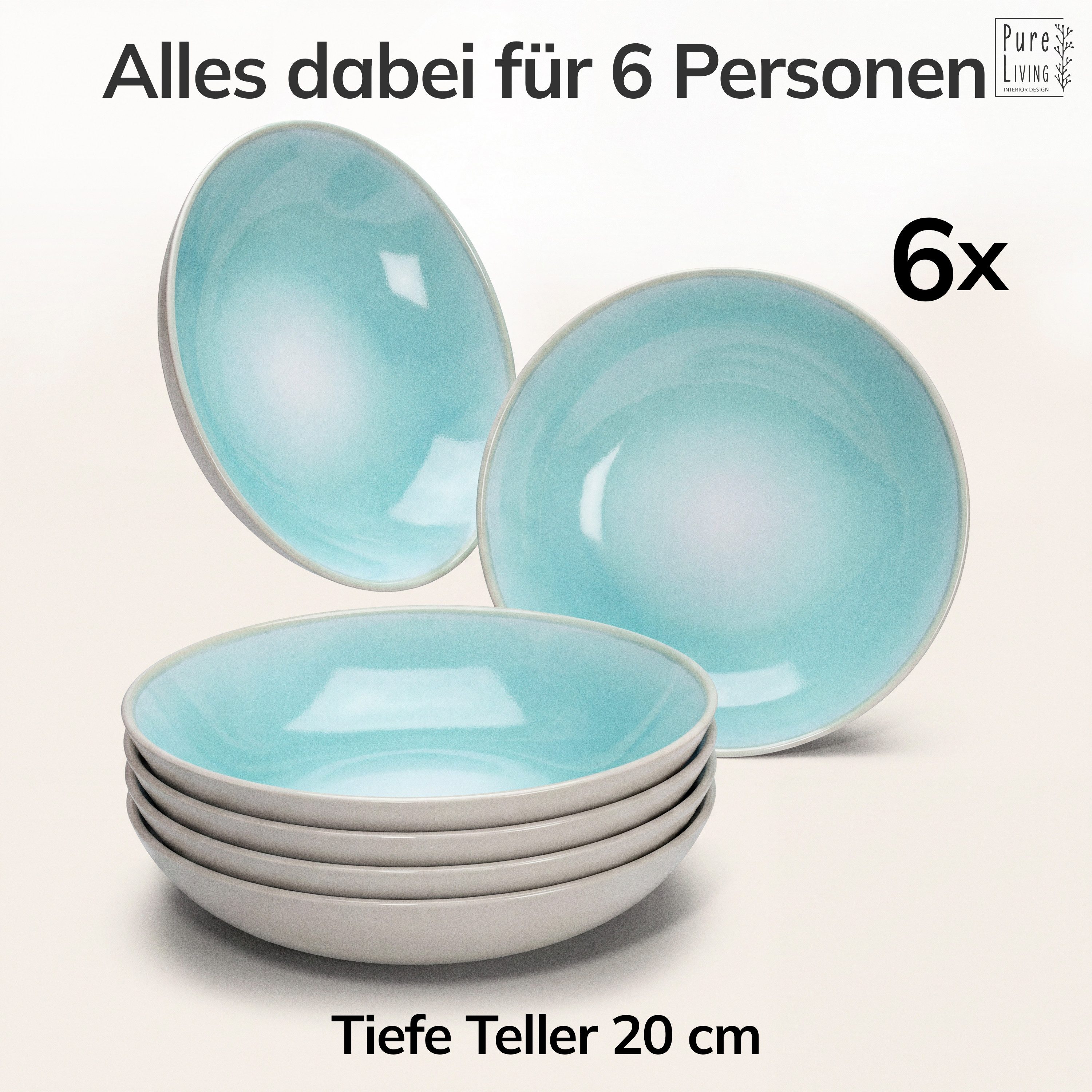PURE LIVING INTERIOR DESIGN Geschirr-Set Ibiza, 6er-Set Suppenteller, 20 cm, Riffelstruktur, Türkis (6-tlg), 6 Personen, Steingut – Bild 5 von 5