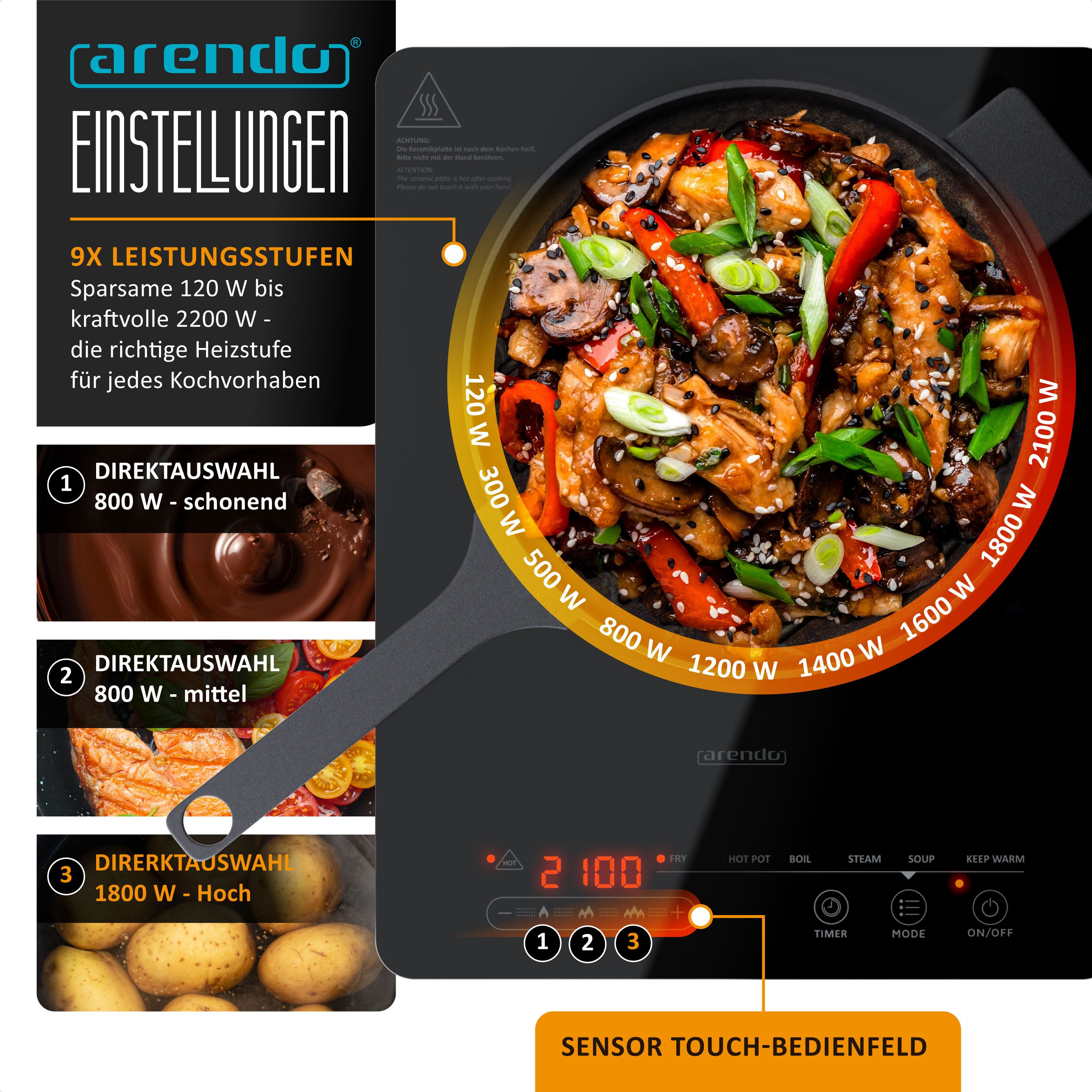 Arendo Induktions-Kochfeld Einzelkochplatte, 6 Programme, Timer, Touch, Automatische Erkennung der Topfgröße