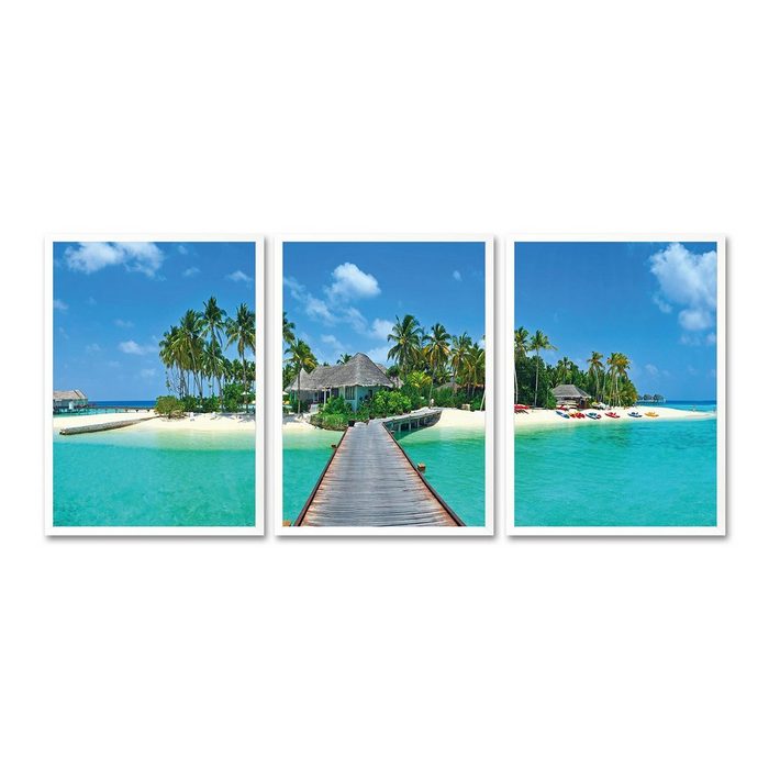 queence Bild mit Rahmen Paradies - Palmen - Steg - Gerahmter Digitaldruck - Wandbild Karibik (3er-Set) 3x 30x40 cm - Holzrahmen - Dekoration - Weißer Rahmen - Triptychon