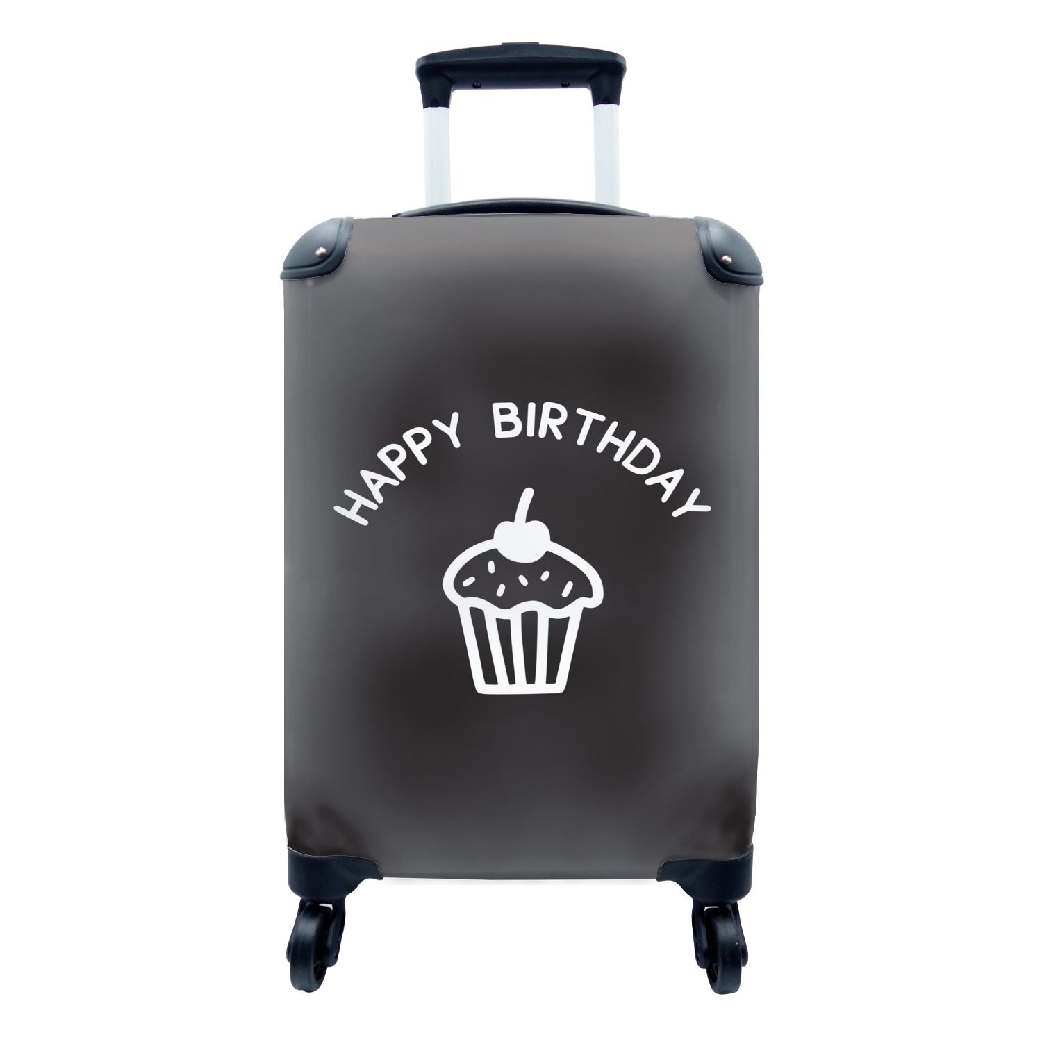 MuchoWow Handgepäckkoffer Zitat "Happy Birthday" mit einem Cupcake auf schwarzem Hintergrund, 4 Rollen, Reisetasche mit rollen, Handgepäck für Ferien, Trolley, Reisekoffer