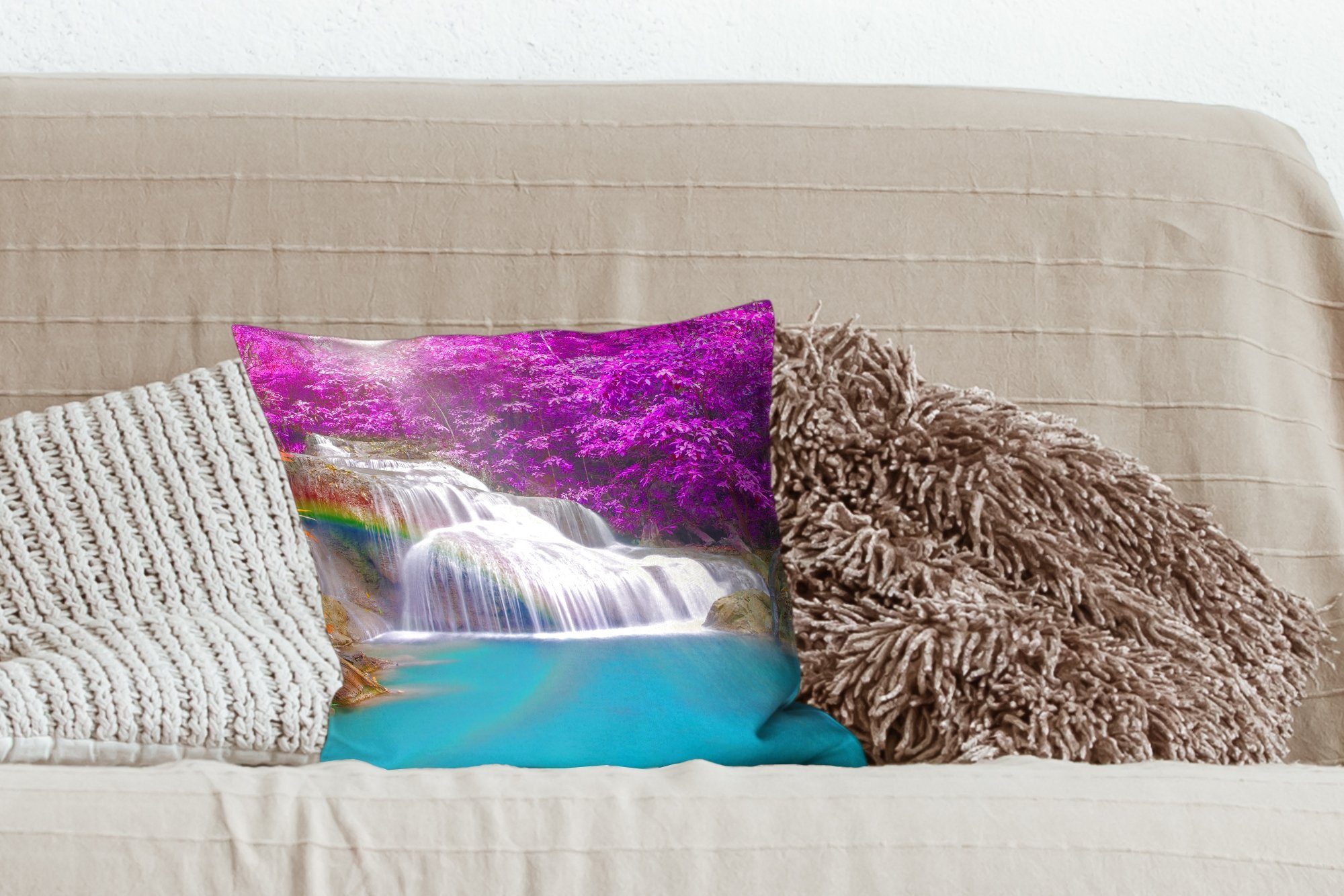 MuchoWow Dekokissen Wasserfall - Bäume Lila, Sofakissen Schlafzimmer, - Regenbogen Deko, Füllung Wohzimmer, mit für Zierkissen 
