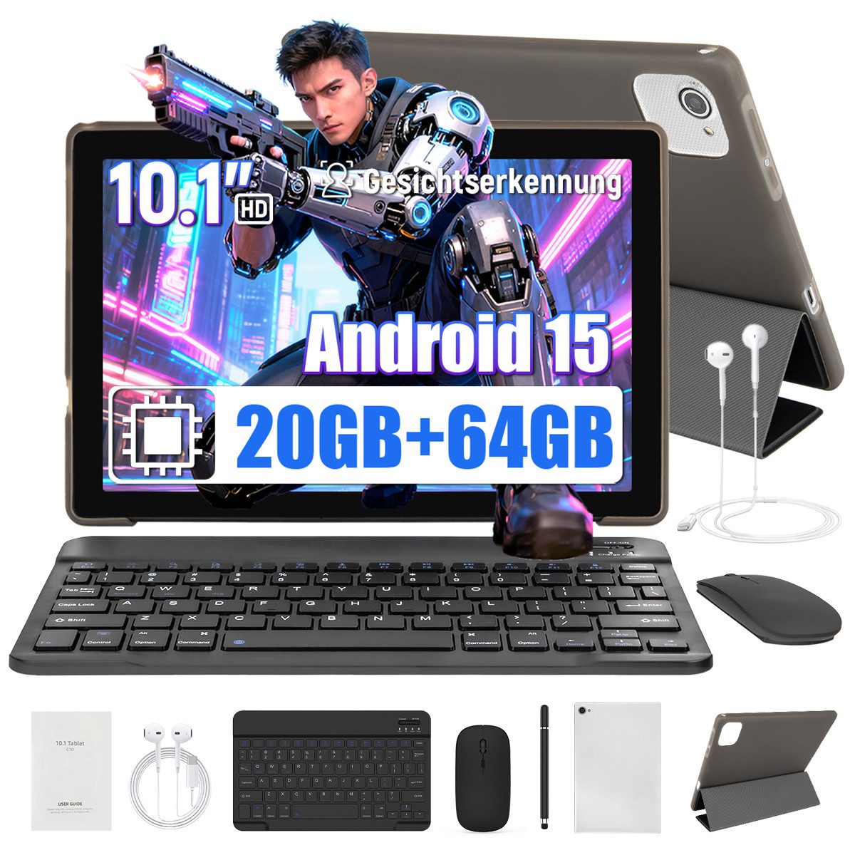 Happybe 10 Zoll 64 GB ROM (1 TB TF), Android, 1280x800 HD IPS, WiFi 6 Tablet (10", 64 GB, Android, WIFI, Android 15, mit Tastatur, Maus, schützende Hülle und Stift)