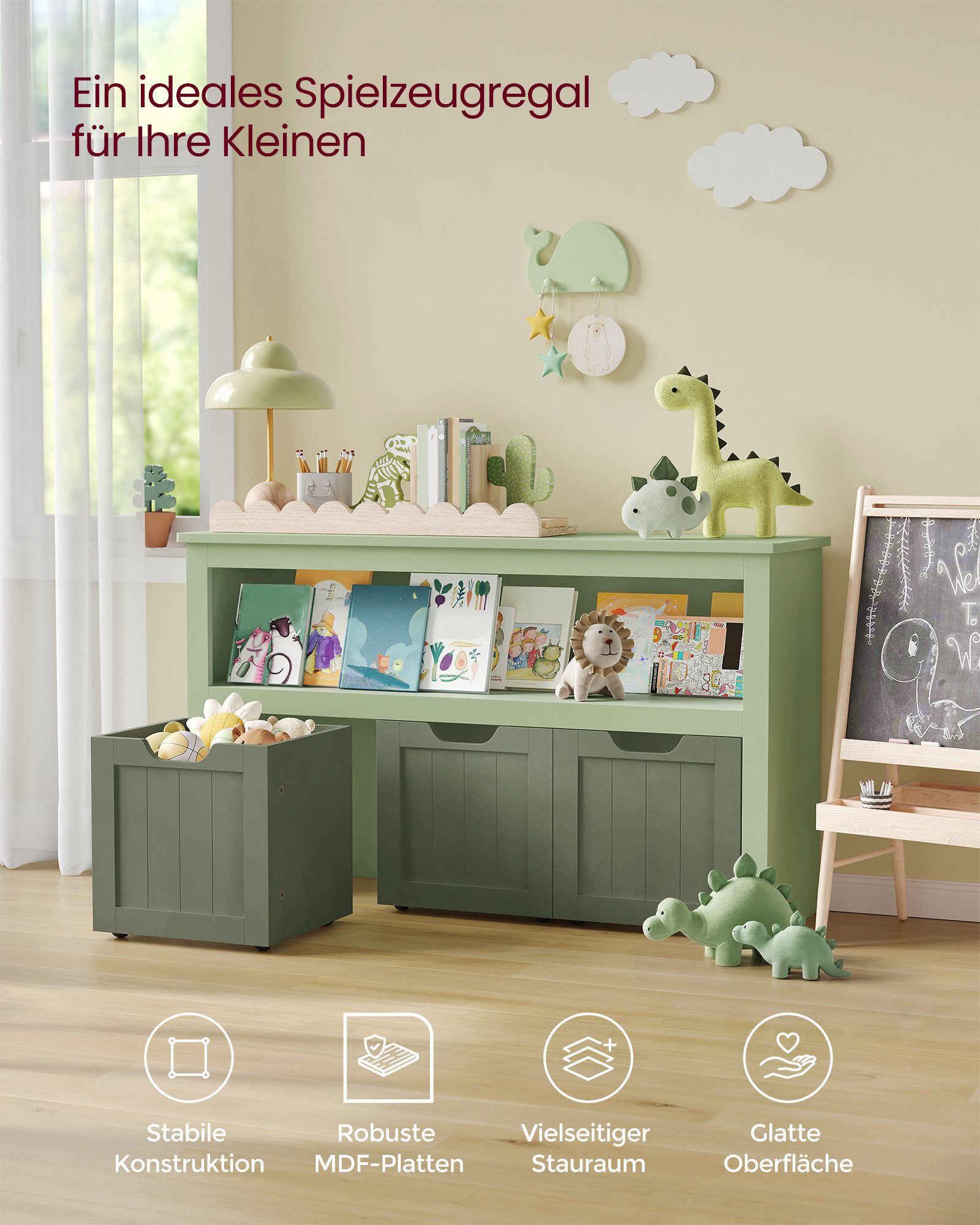 VASAGLE Kinderregal Spielzeugaufbewahrung, Bücherregal Kinder, Spielzeugregal, mit Rollen, 30 x 102 x 60 cm – Bild 4 von 5