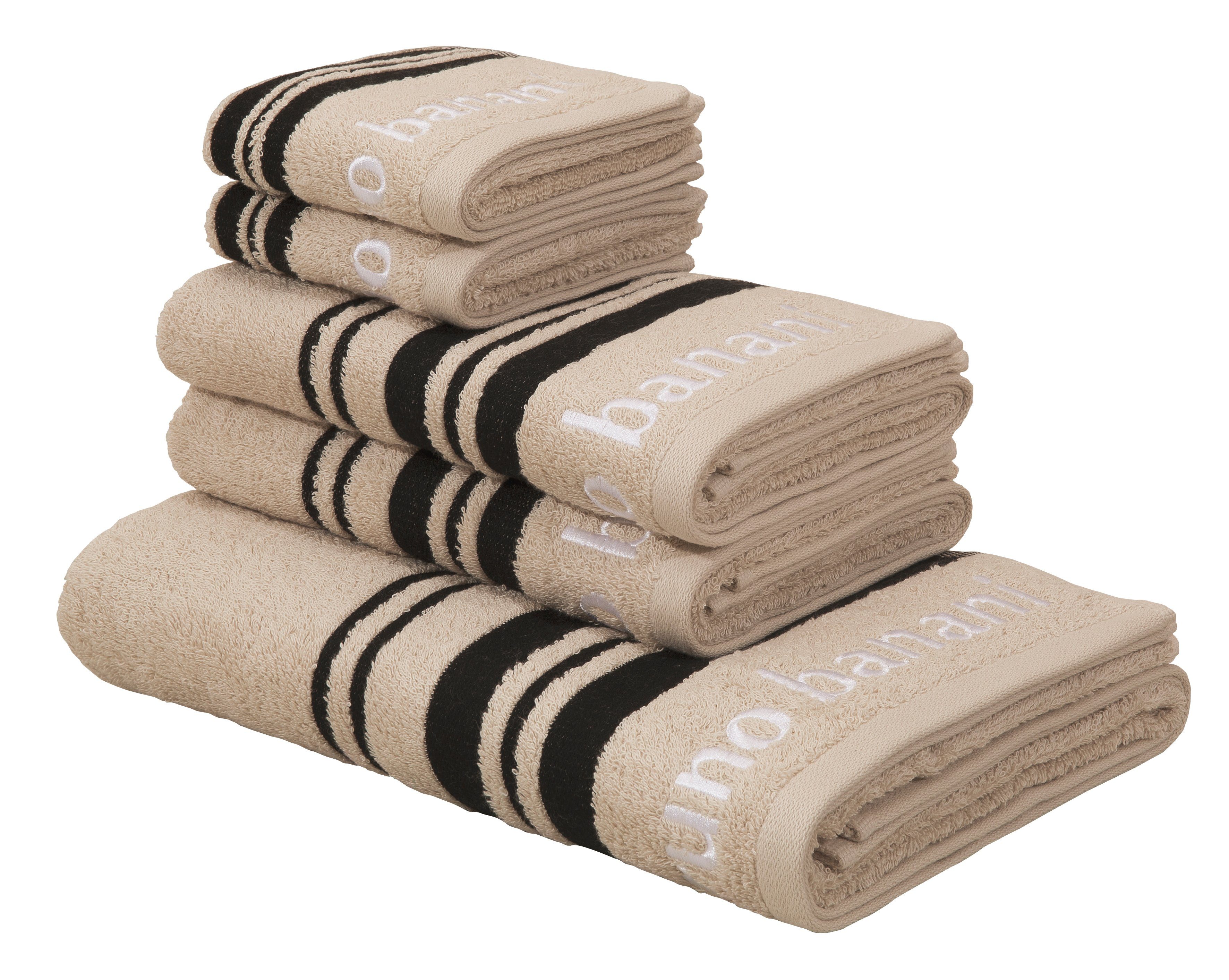 Bruno Banani Handtuch Set Daniel, 1 Duschtuch 70x140, 2 Handtücher 50x100, 2 Gästetücher 30x50, Walkfrottee (Set, 5-St), Streifen-Bordüre & Markenlogo, weich, 100% Baumwolle