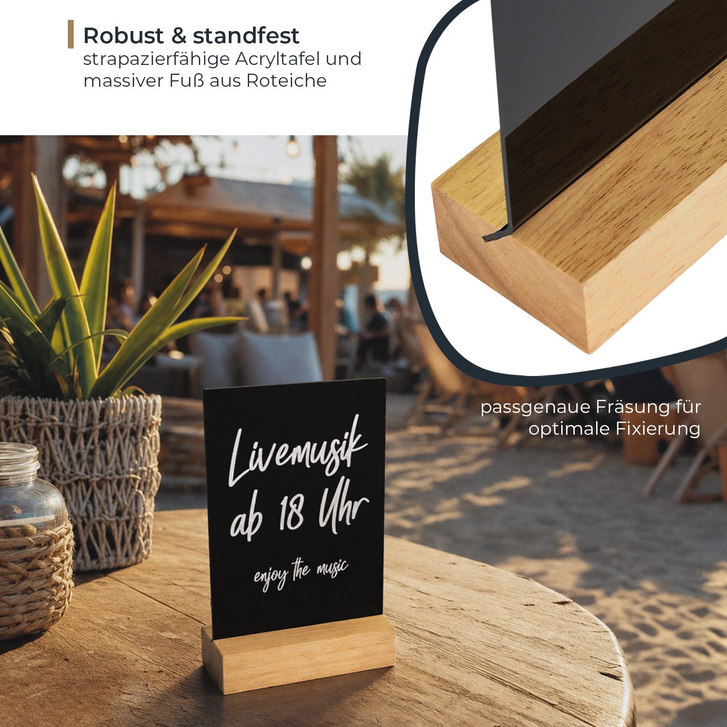 HMF Standtafel Acryl Tischaufsteller im DIN A6 Hochformat mit massivem Holzfuß, (1-tlg), aus Eiche, abwischbare Kreidetafel zum Beschriften, Schwarz – Bild 4 von 5
